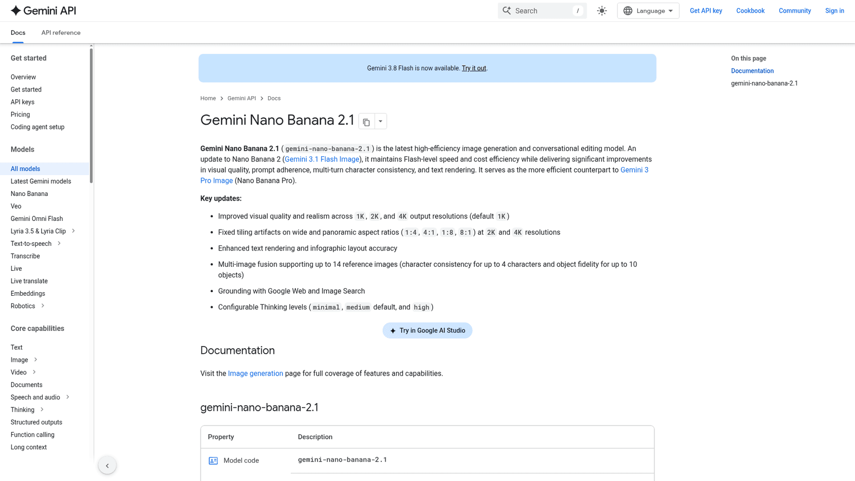 The Gemini API docs page for Nano Banana 2.1, listing the model ID and key updates, as taken from the Gemini API docs