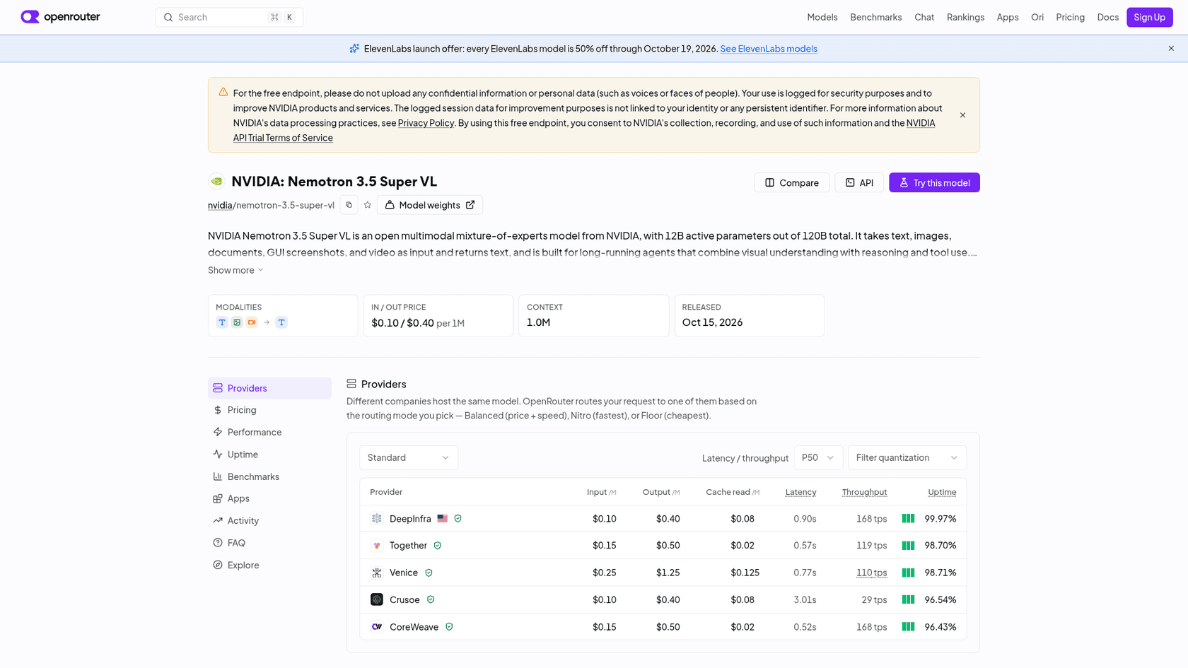 OpenRouterのNemotron 3.5 Super VLのページ。100万トークンあたり$0.10 / $0.40、1.0Mコンテキスト、2026年10月15日の公開日、5つのプロバイダが表示されている。出典:OpenRouter