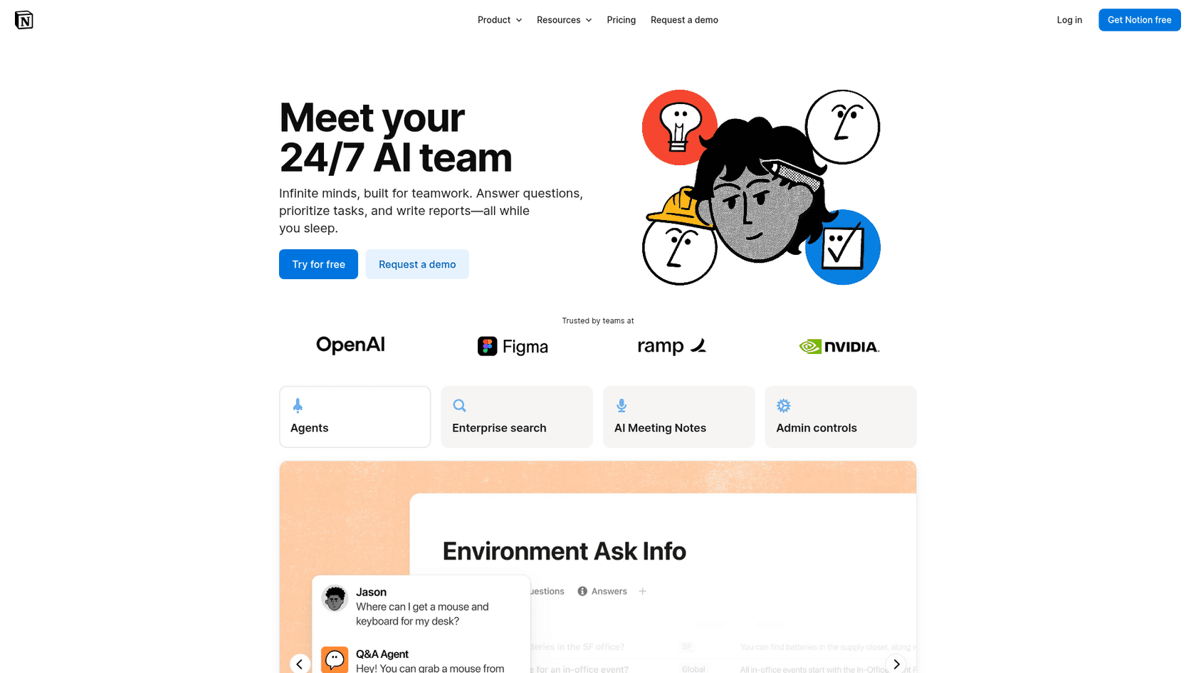 Notion's AI agents page with agents, enterprise search and meeting notes, as taken from Notion