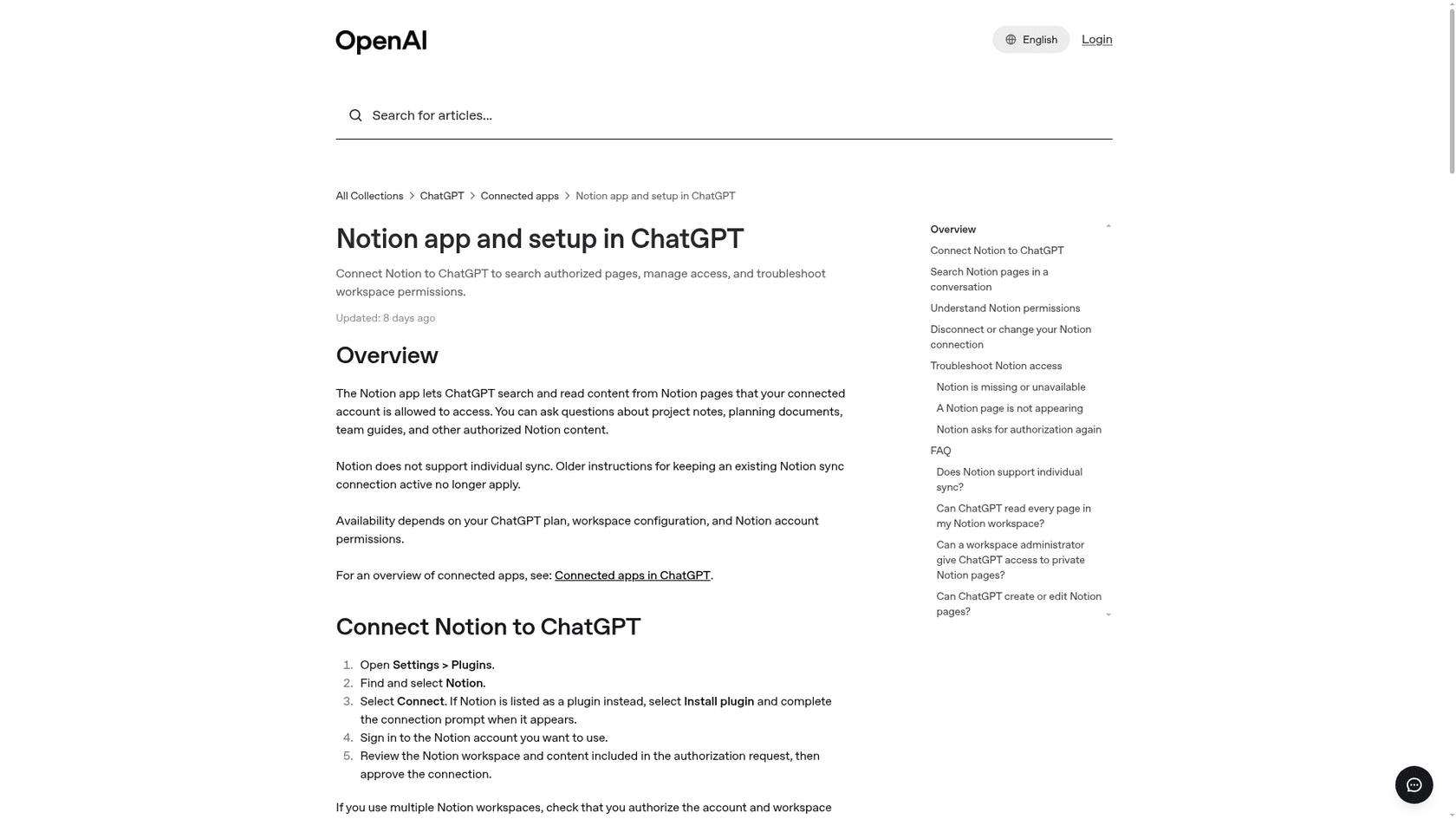 A screenshot of OpenAI's help page for the Notion app in ChatGPT.