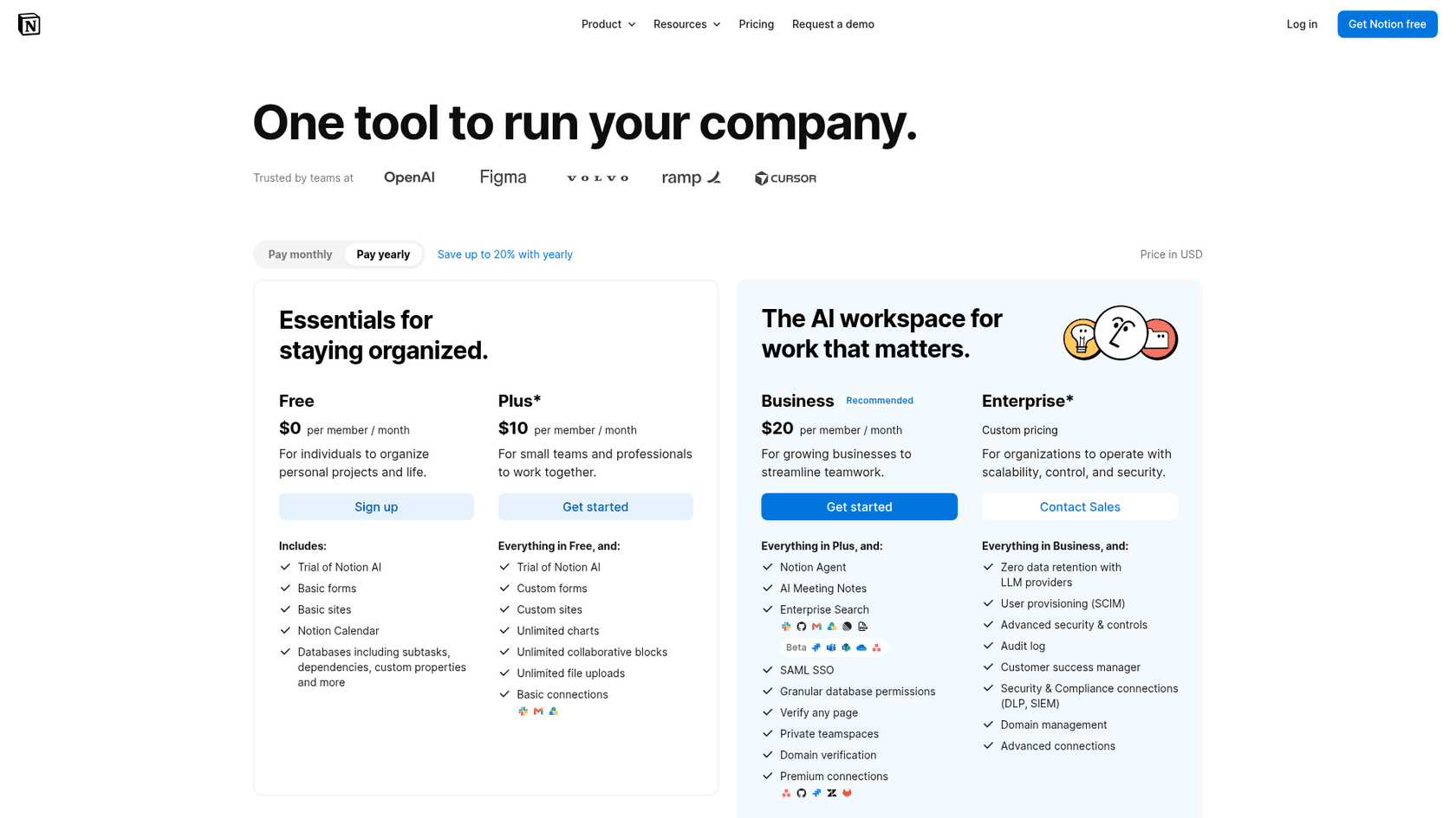 Notion's pricing page listing the Free, Plus, Business, and Enterprise plans, as taken from Notion
