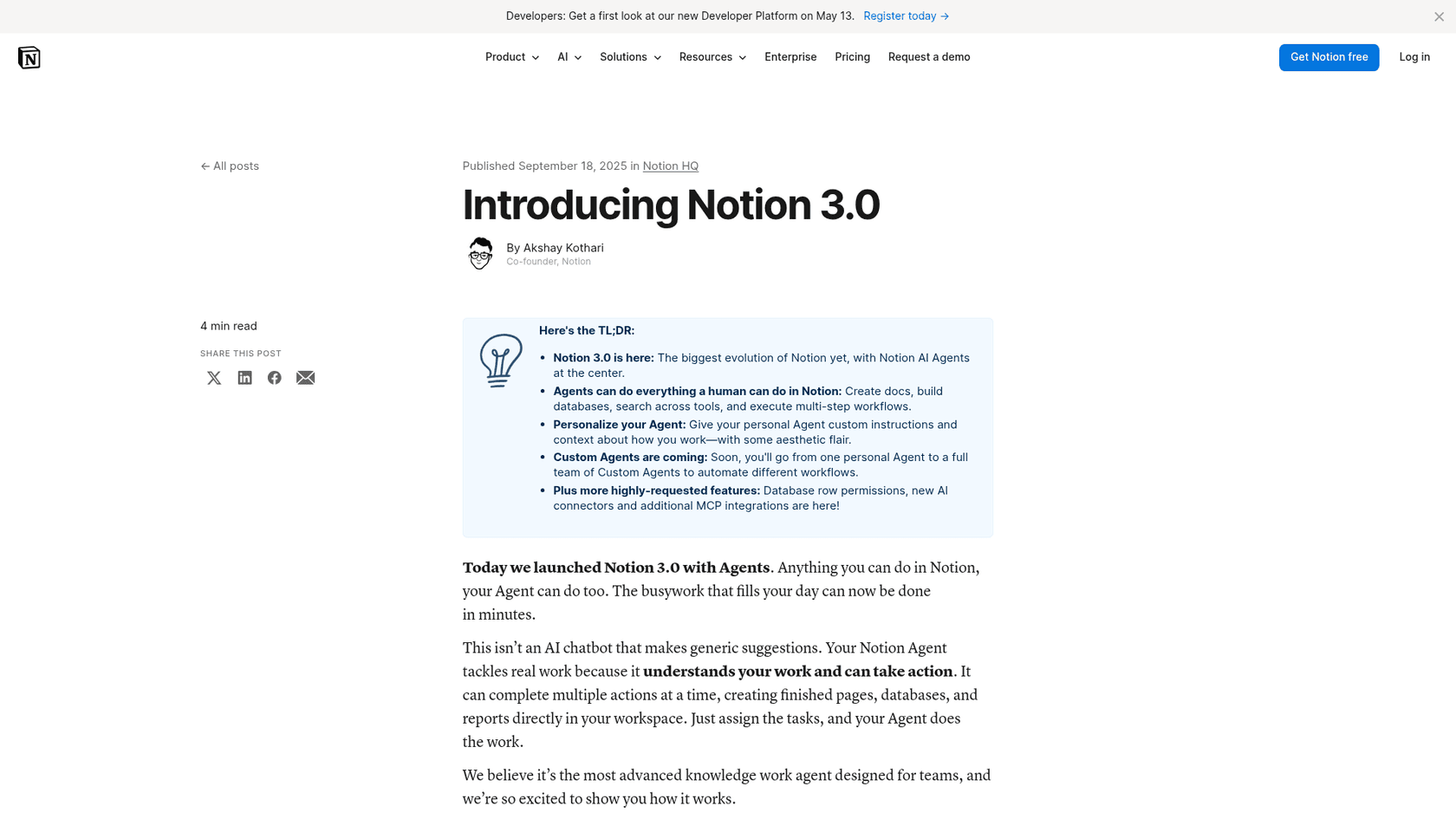 Blog de lanzamiento de Notion 3.0 anunciando AI Agents