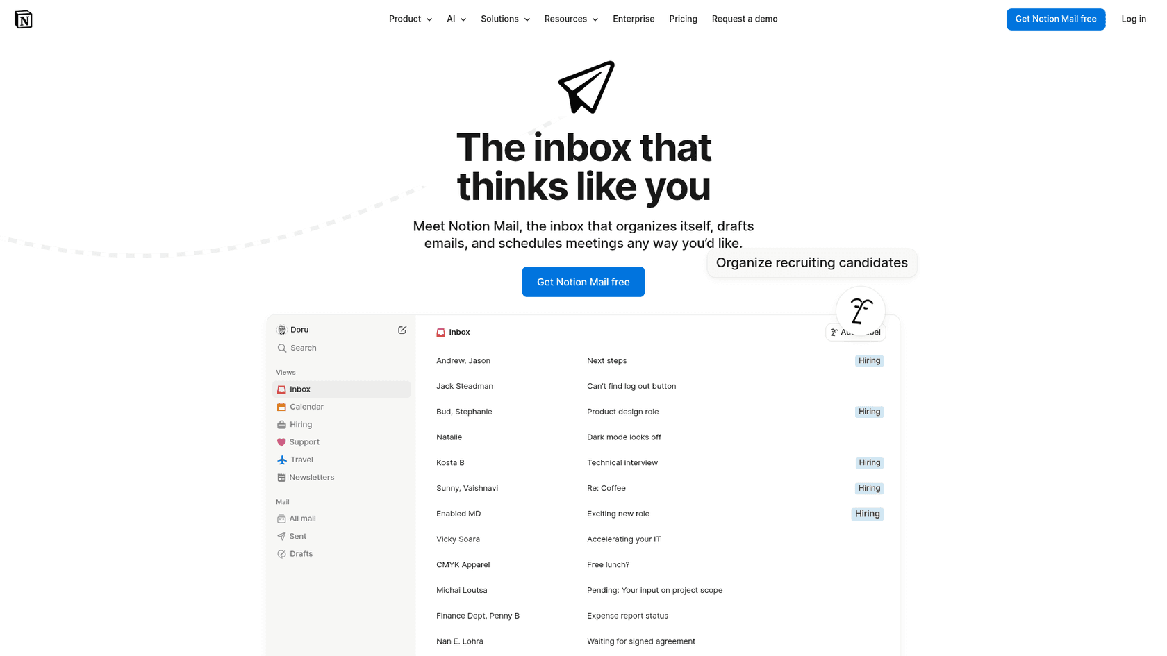 Página de producto de Notion Mail mostrando funciones de bandeja con AI