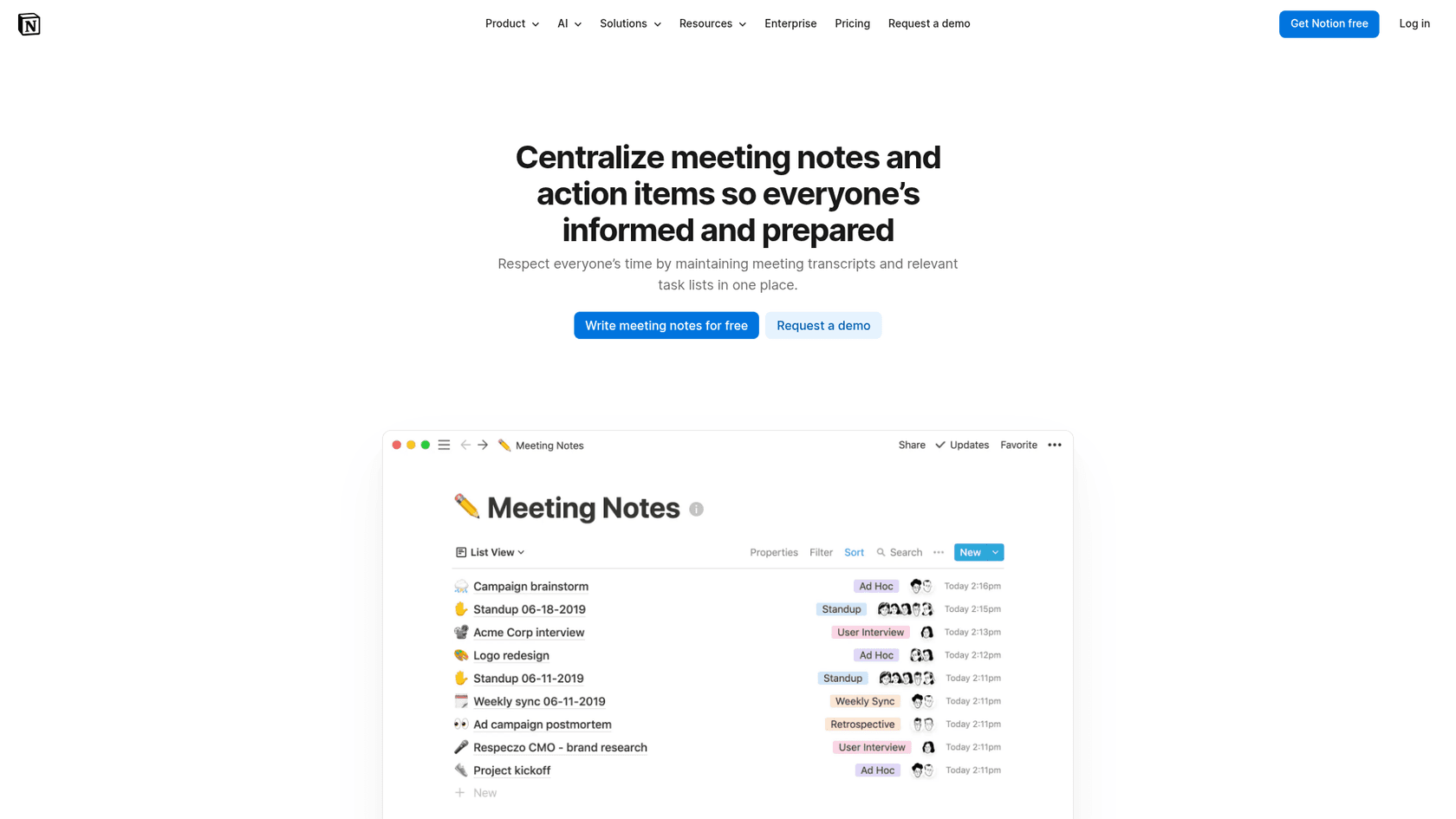 Página de producto de Notion meetings