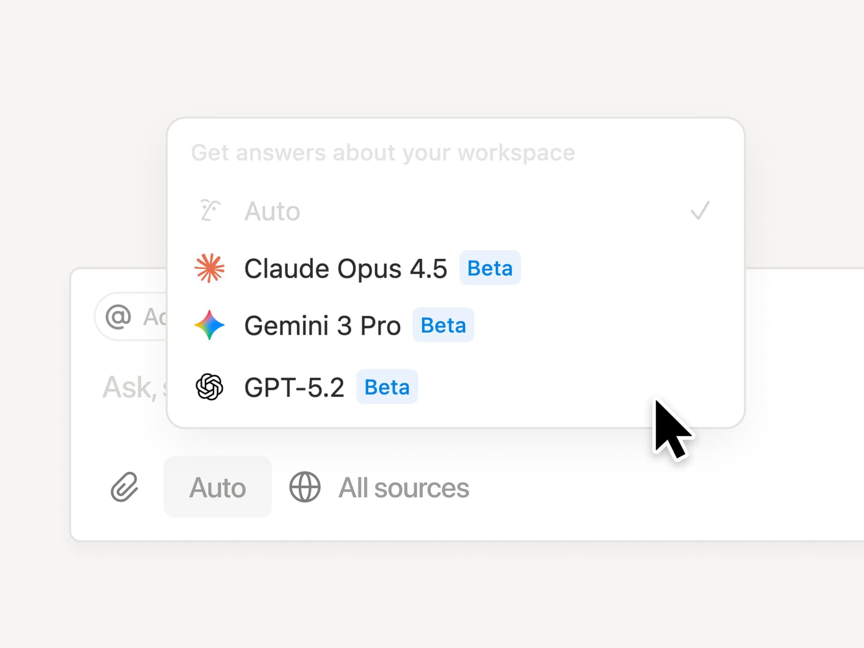 AI model selection menu showing Claude, GPT, and Gemini options