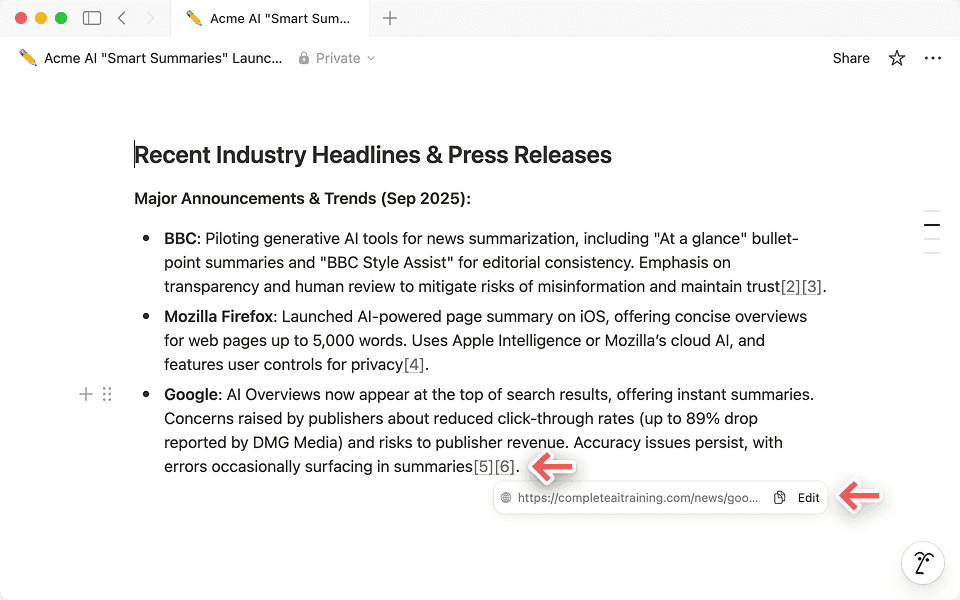 Research Mode showing citations alongside a report