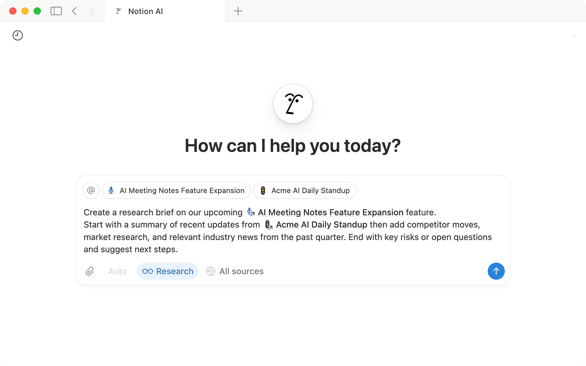 Research Mode sintetizando un informe con citas del workspace, herramientas y la web