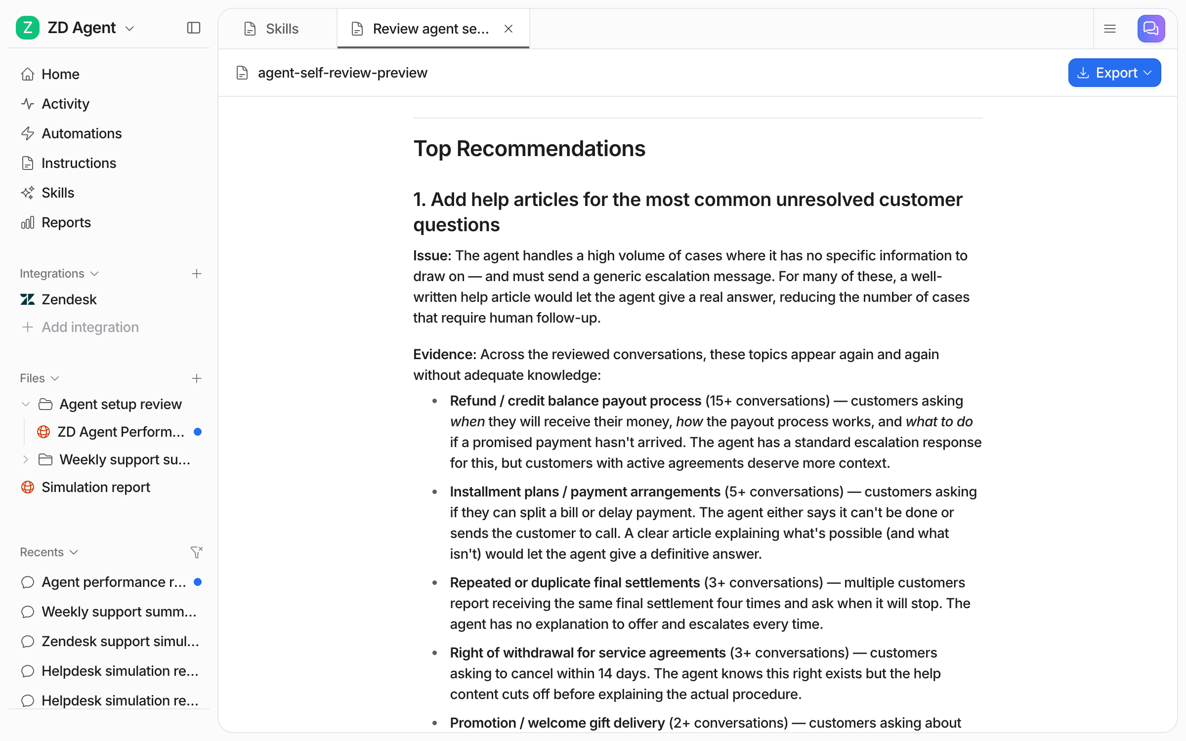 An eesel performance review report in a Zendesk-connected workspace, listing Top Recommendations: add help articles for the most common unresolved customer questions, with evidence grouped by topic such as refund payout process (15+ conversations) and installment plans (5+ conversations)