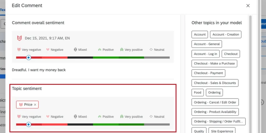 Qualtrics Text iQ edit comment panel showing an overall sentiment slider for the comment Dreadful. I want my money back and a separate topic sentiment slider for the Price topic, as taken from Qualtrics's sentiment analysis documentation