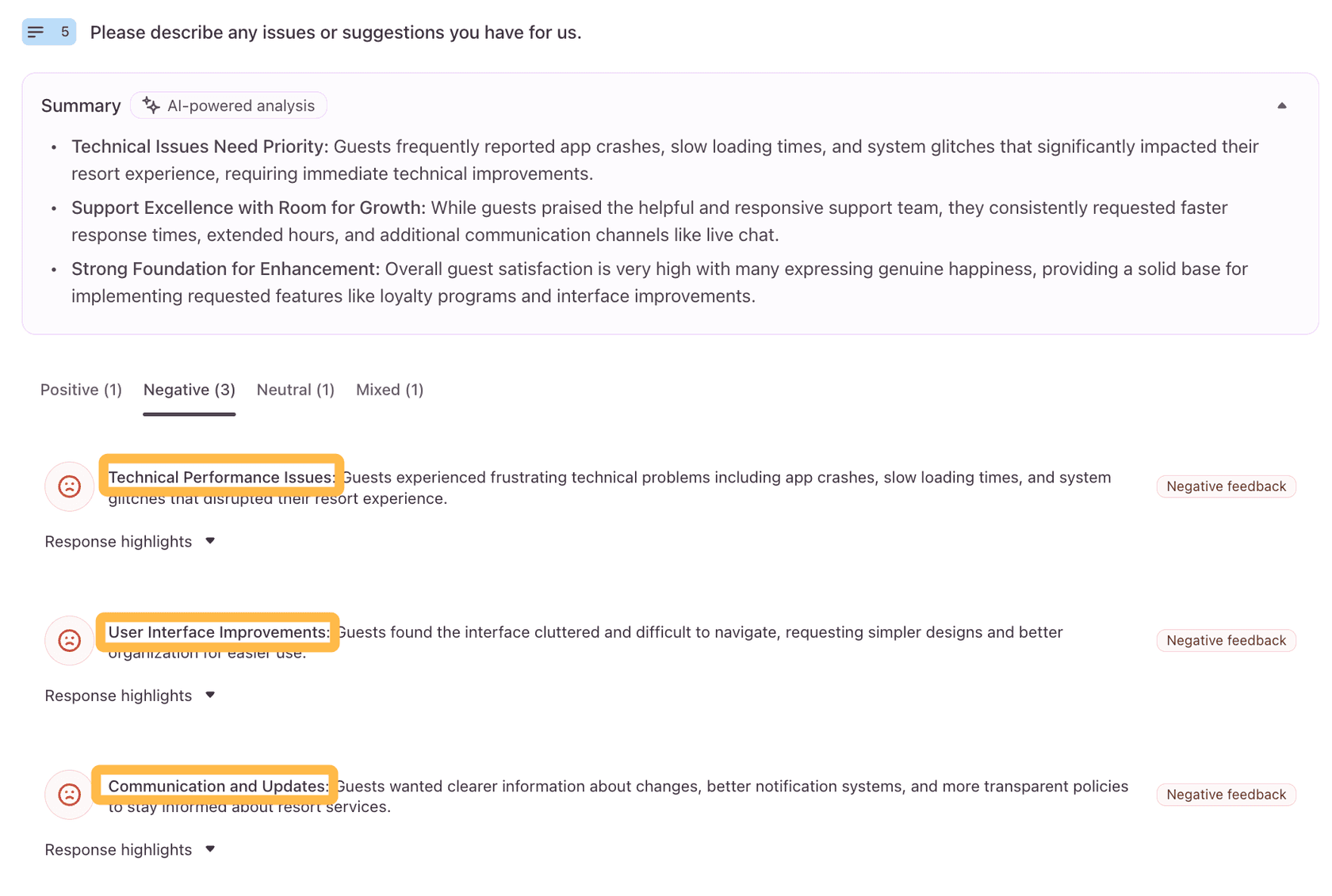 Typeform Smart Insights showing an AI-powered summary of open-ended answers above Positive, Negative, Neutral and Mixed tabs, with the Negative tab listing Technical Performance Issues, User Interface Improvements and Communication and Updates, as taken from Typeform's Smart Insights help article
