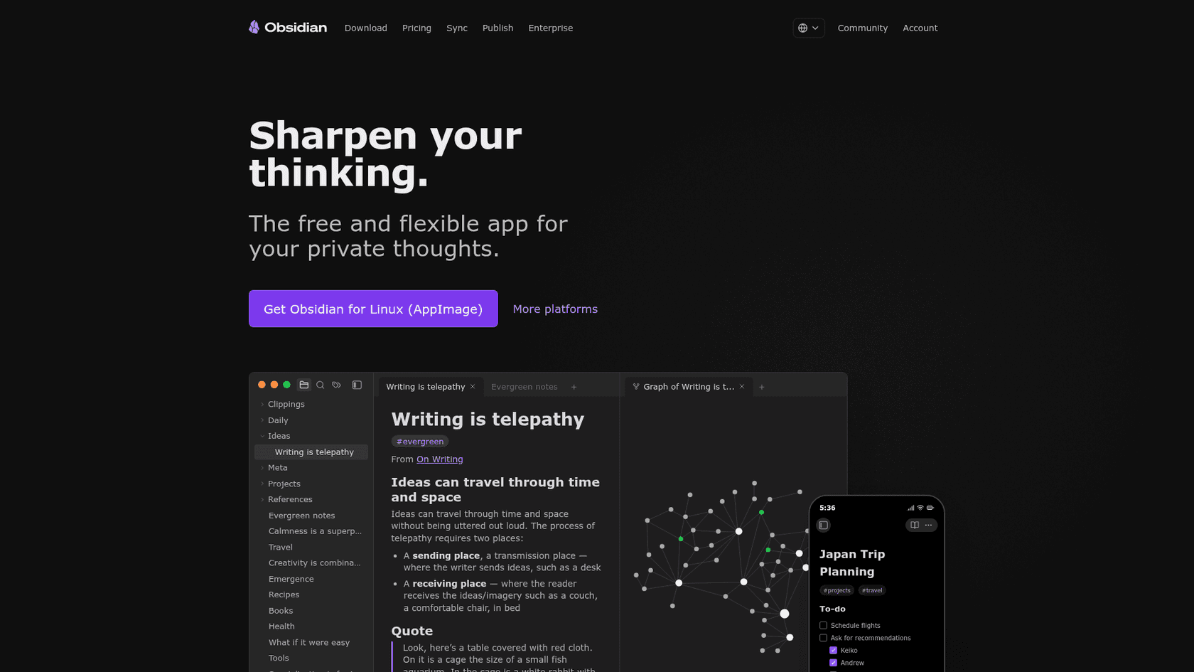 Obsidian's homepage showing its local-first notes app with a linked graph view, as taken from Obsidian