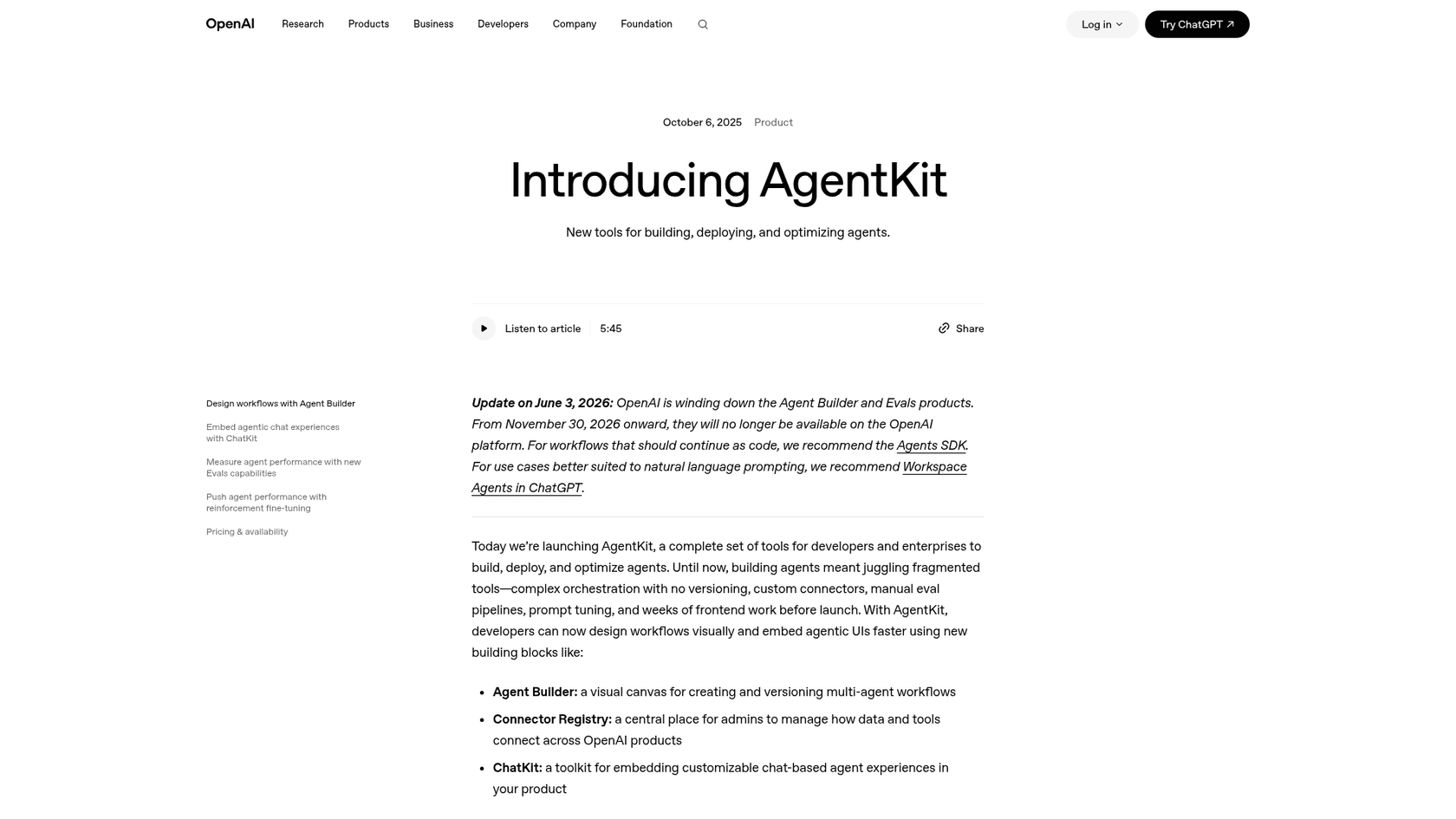 OpenAI's AgentKit announcement page with the June 3, 2026 notice that Agent Builder and Evals are being wound down, as taken from OpenAI