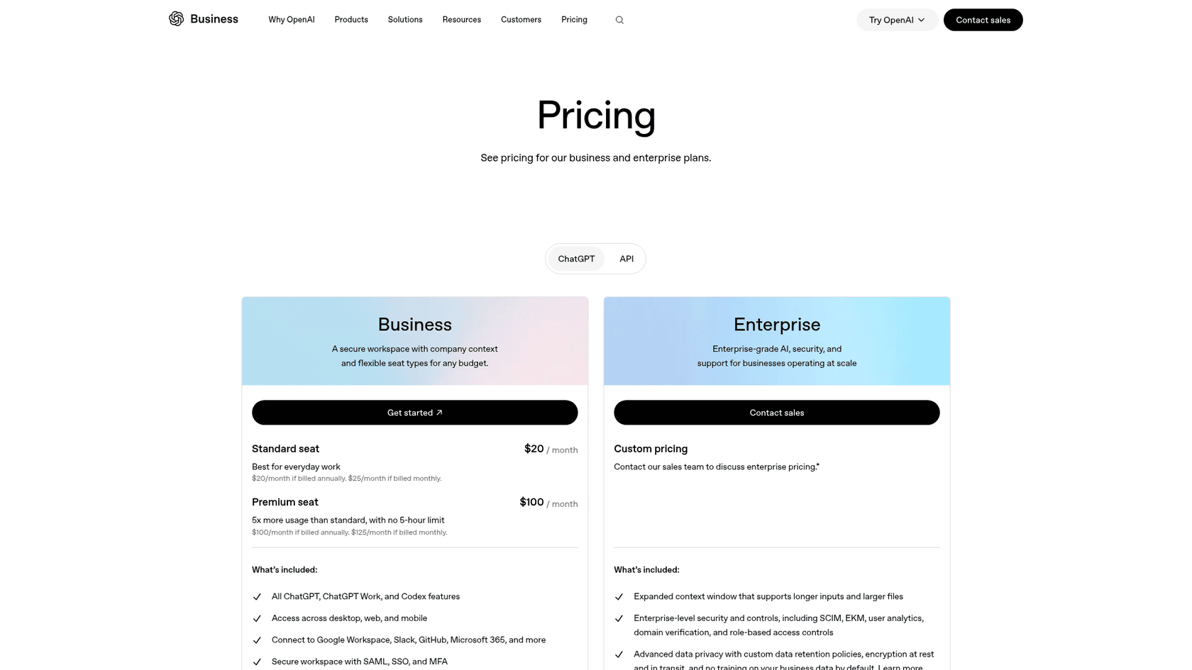 ChatGPT Business and Enterprise plan cards, as taken from OpenAI's pricing page