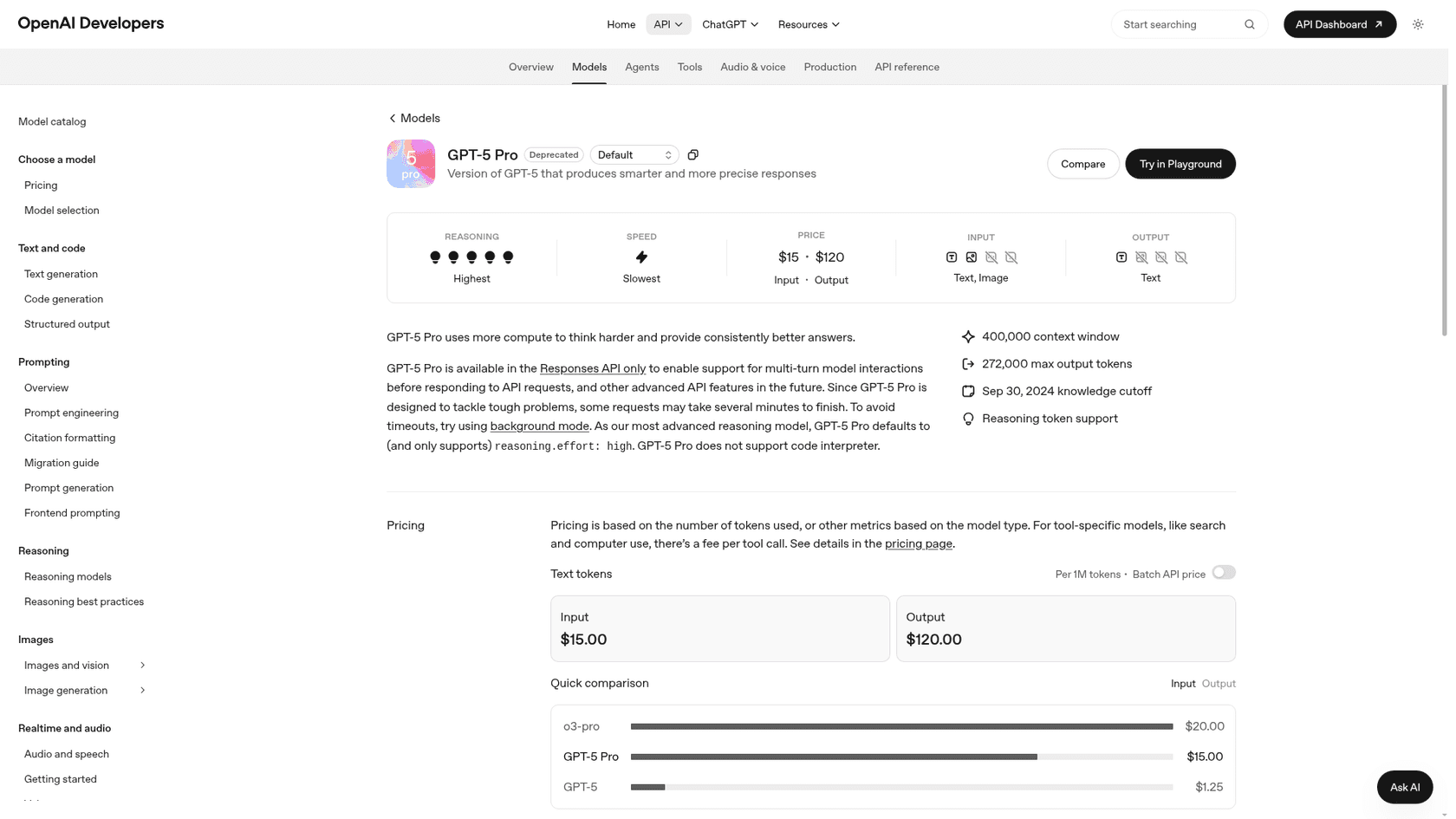 The GPT-5 Pro model page showing the Deprecated label, $15 input and $120 output pricing, as taken from OpenAI Developers