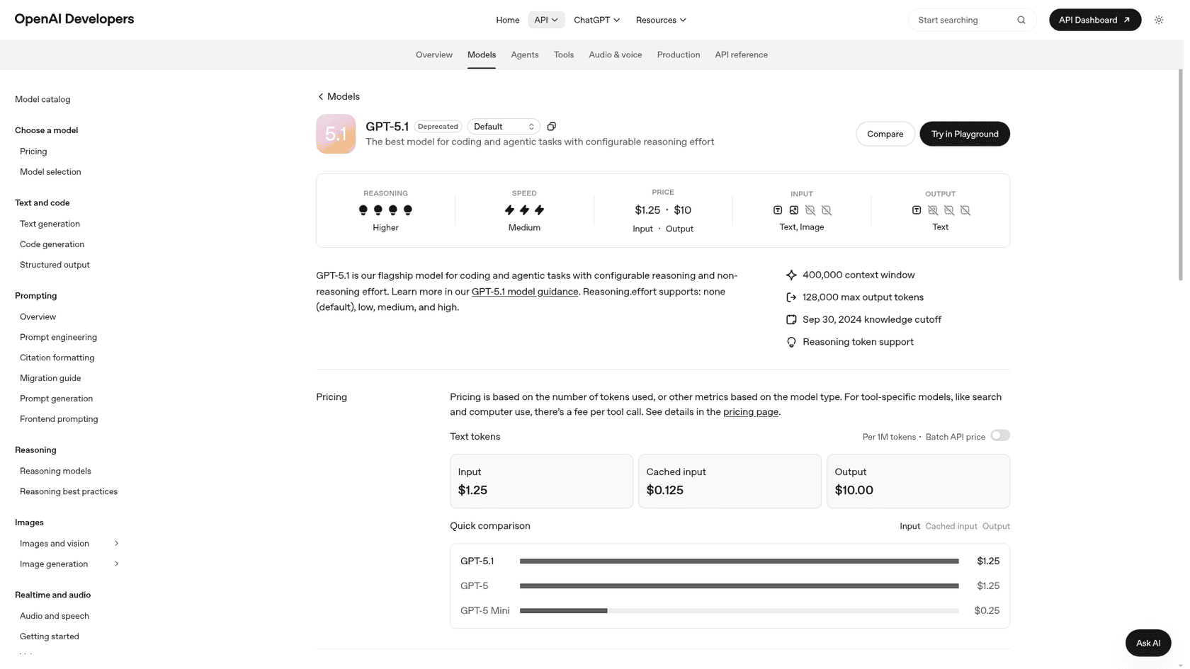 The GPT-5.1 model page on OpenAI's developer docs, showing the Deprecated badge, $1.25 input and $10 output pricing, and a 400,000-token context window, as taken from OpenAI Developers