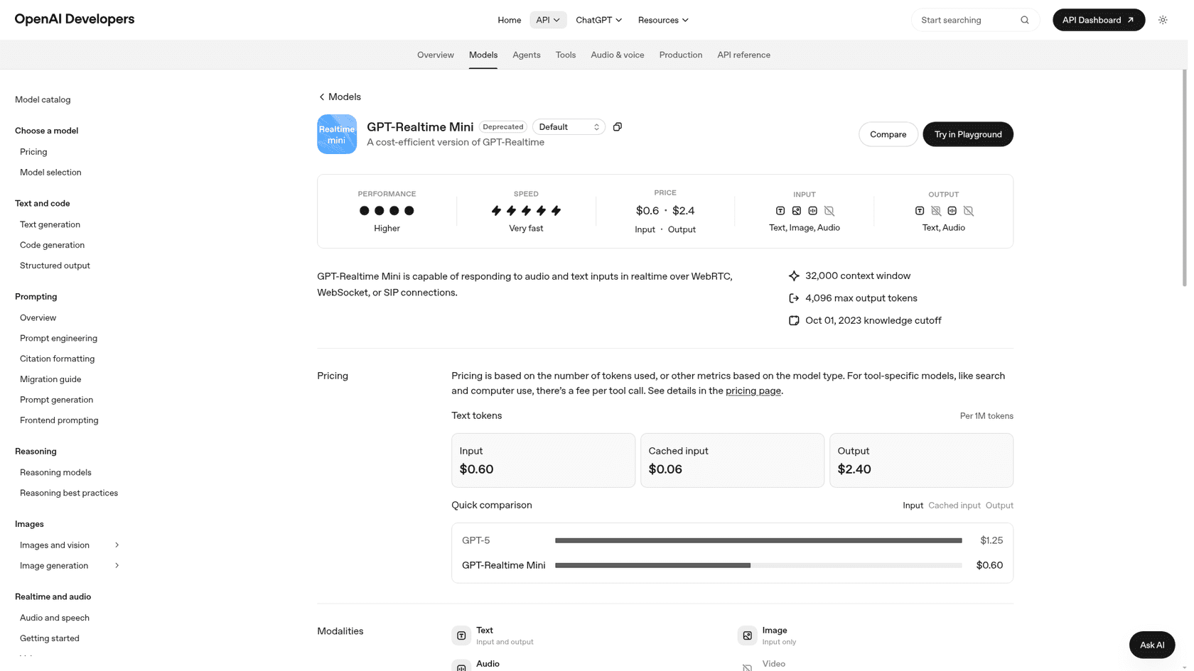 The GPT Realtime Mini model page, showing $0.60 input and $2.40 output pricing, WebRTC, WebSocket and SIP support, text, image and audio input, and a Deprecated badge, as taken from OpenAI Developers