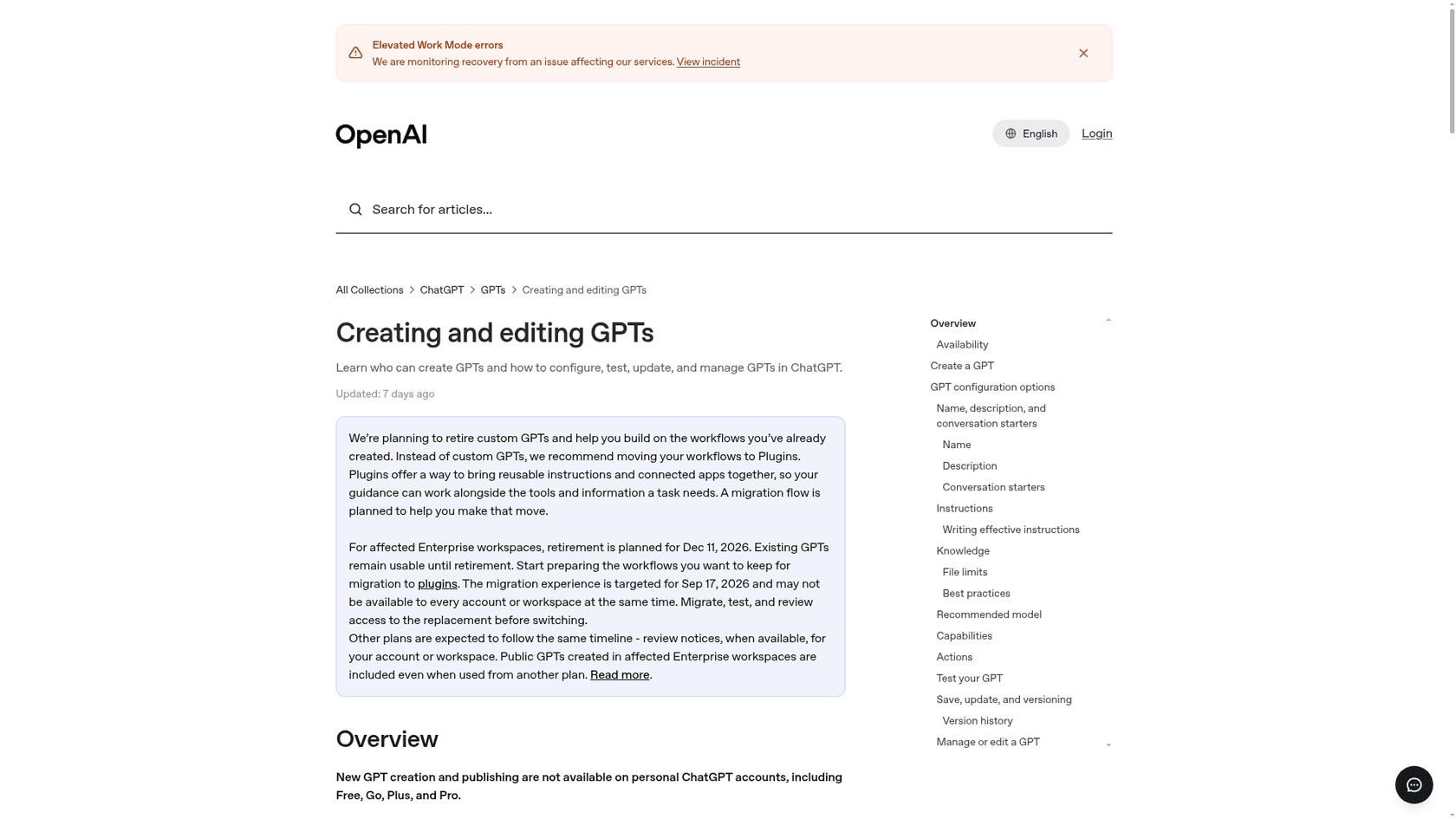 OpenAI's help article on creating and editing GPTs, showing the planned retirement of custom GPTs and that new GPT creation is not available on Free, Go, Plus, and Pro, as taken from OpenAI Help
