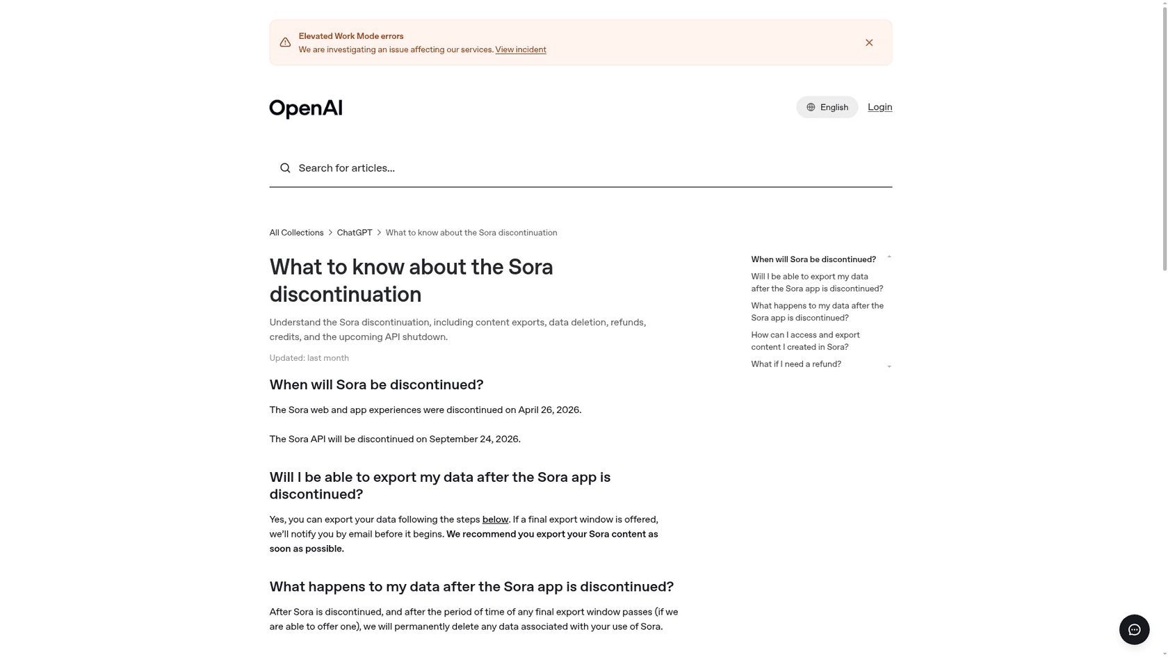 OpenAI help center page titled What to know about the Sora discontinuation, as taken from OpenAI's help center