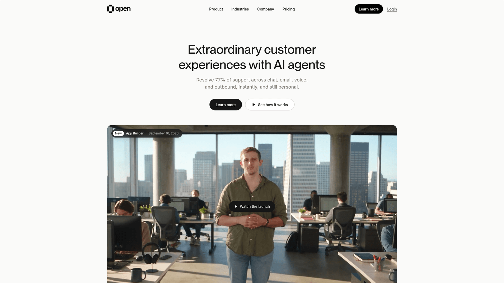 Open homepage pitching extraordinary customer experiences with AI agents that resolve 77% of support across chat, email, voice and outbound, as taken from Open