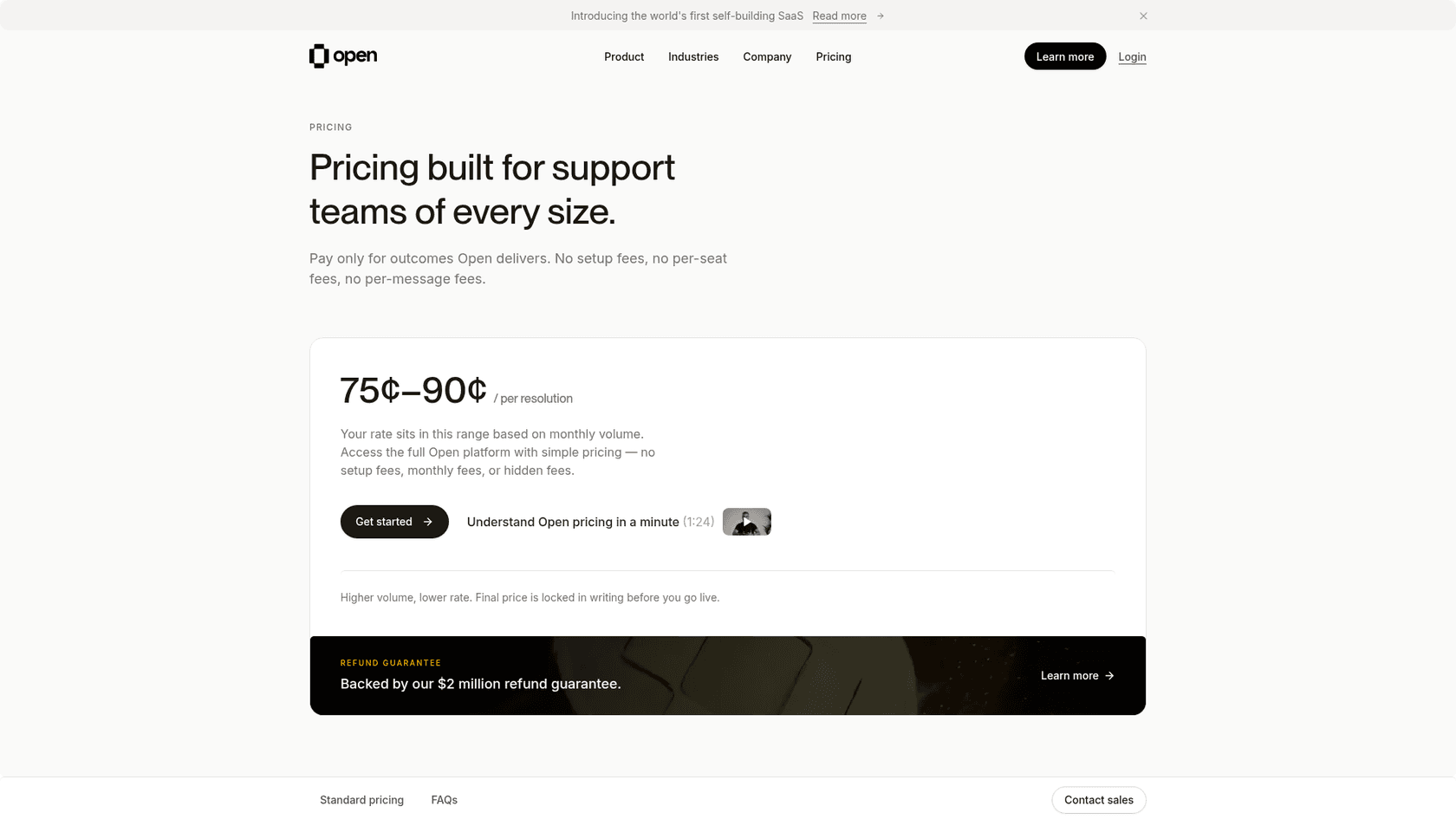 Open pricing page showing 75 to 90 cents per resolution with no setup, seat or per-message fees and a $2 million refund guarantee, as taken from Open