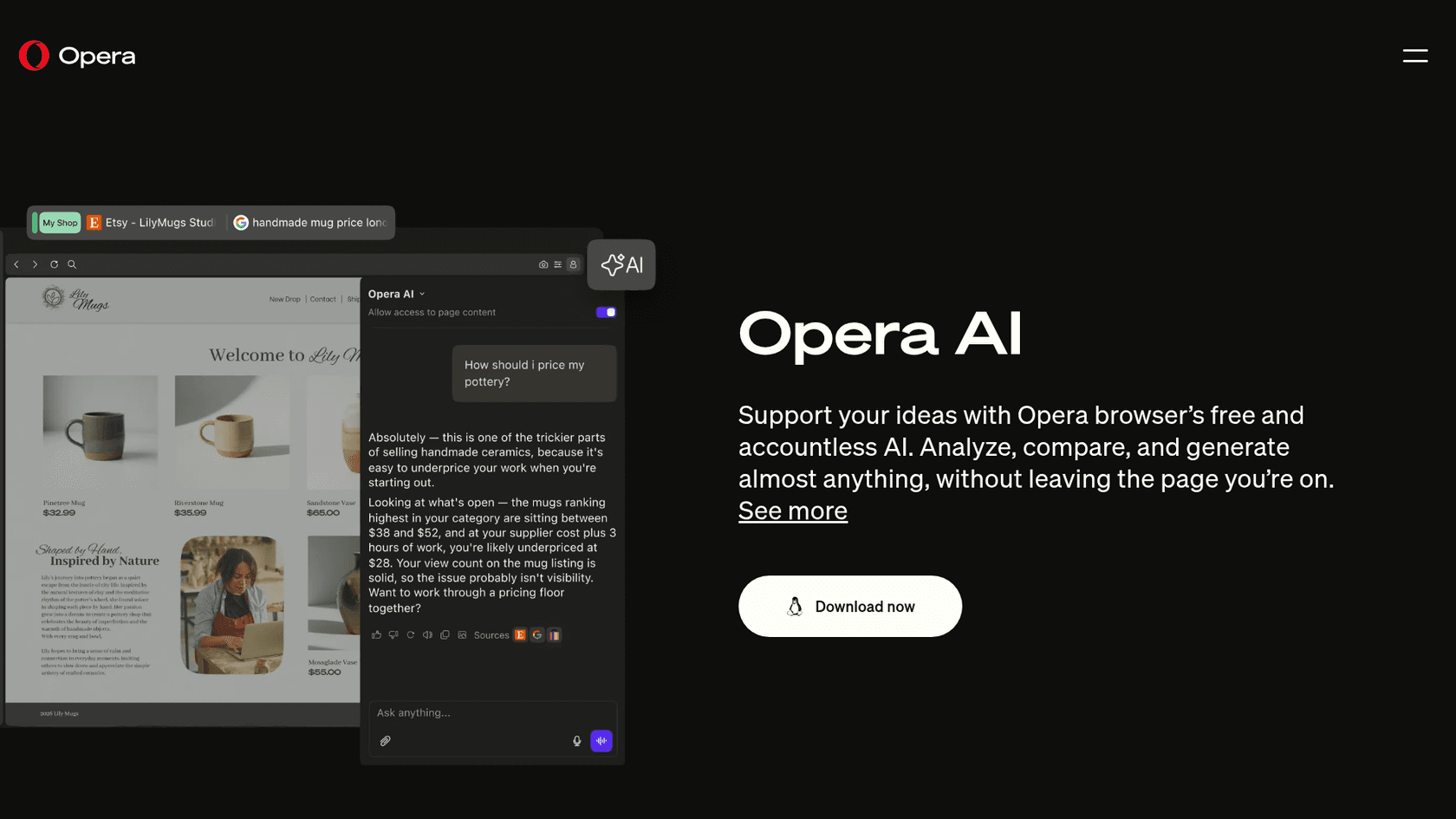 Opera AI page showing the assistant side panel answering a question about the open tab, as taken from Opera