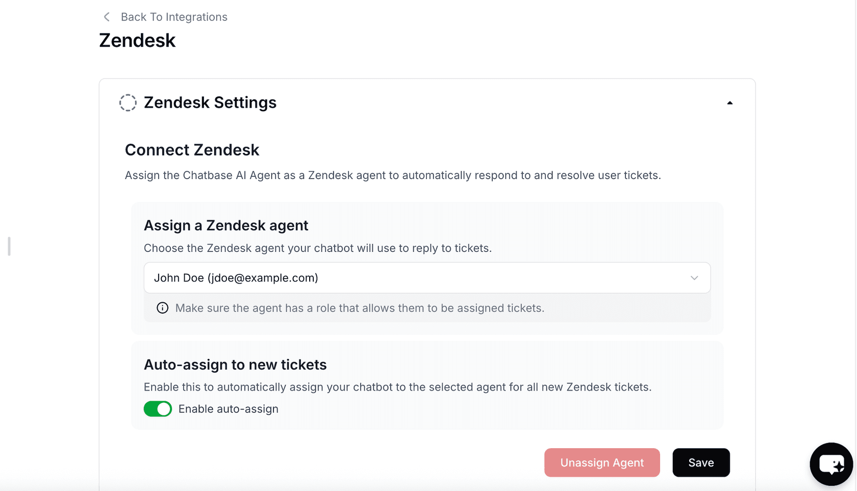 Chatbase Zendesk Settings screen for assigning the Chatbase AI agent as a Zendesk agent, with an auto-assign toggle and Save button, as taken from Chatbase docs