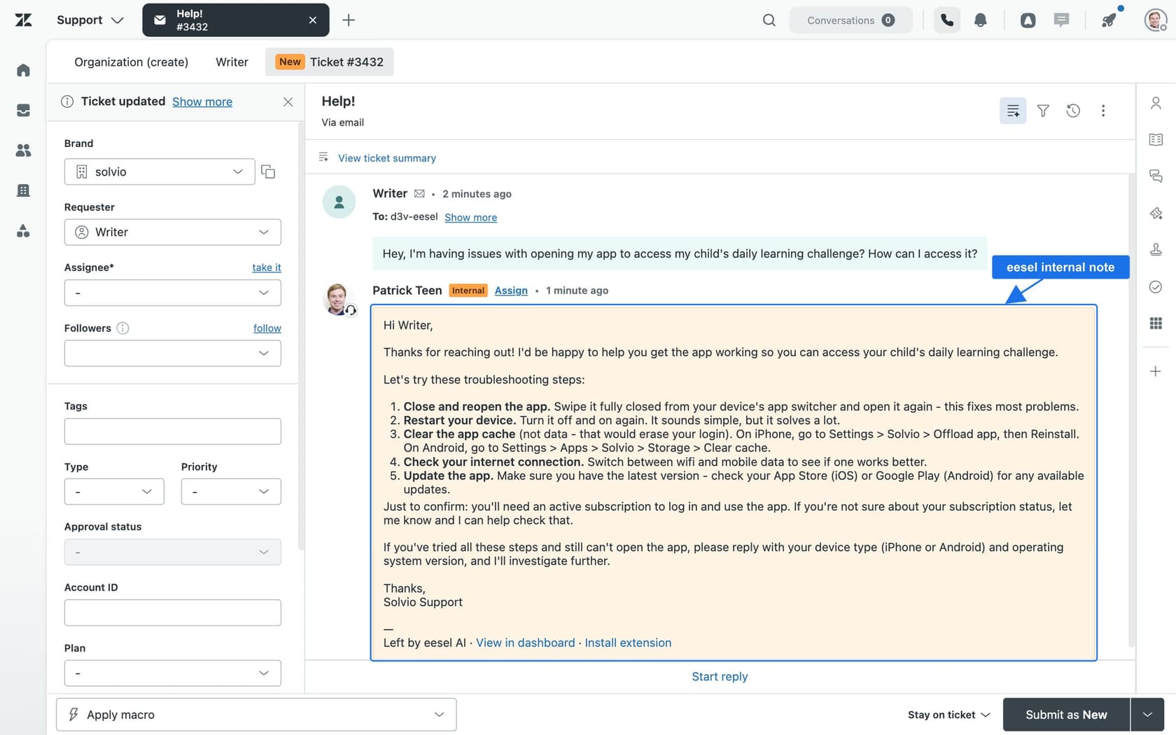 A real Zendesk ticket where eesel left a five-step troubleshooting reply as an internal note, signed Left by eesel AI, as taken from the eesel Zendesk docs