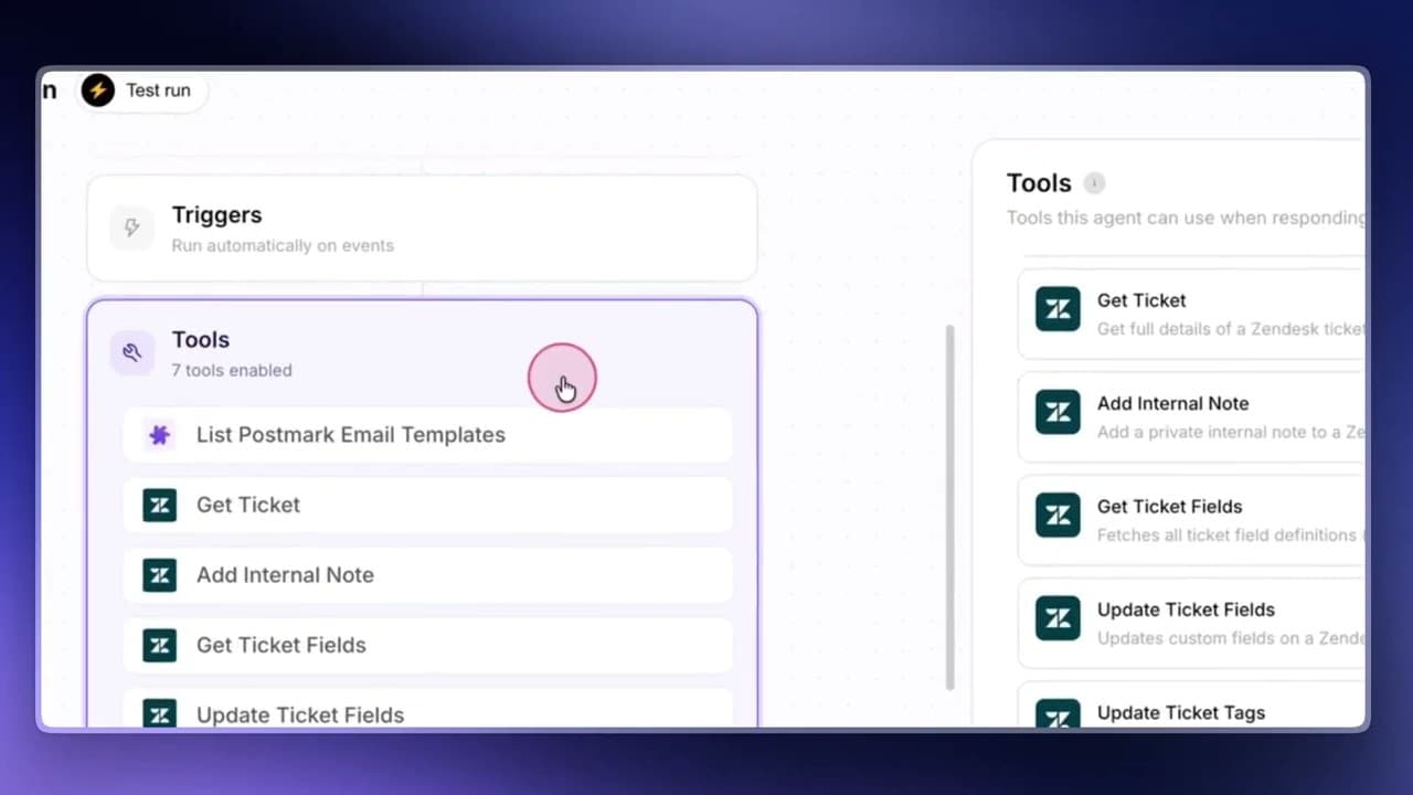 Macha's agent builder showing a Triggers panel and a Tools panel with seven tools enabled, including Get Ticket, Add Internal Note and Update Ticket Fields, as taken from Macha
