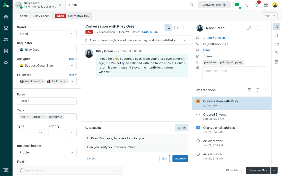 Zendesk Agent Workspace with the auto assist panel drafting a reply to a customer asking about a scarf return, with Edit and Approve buttons, as taken from Zendesk's help center