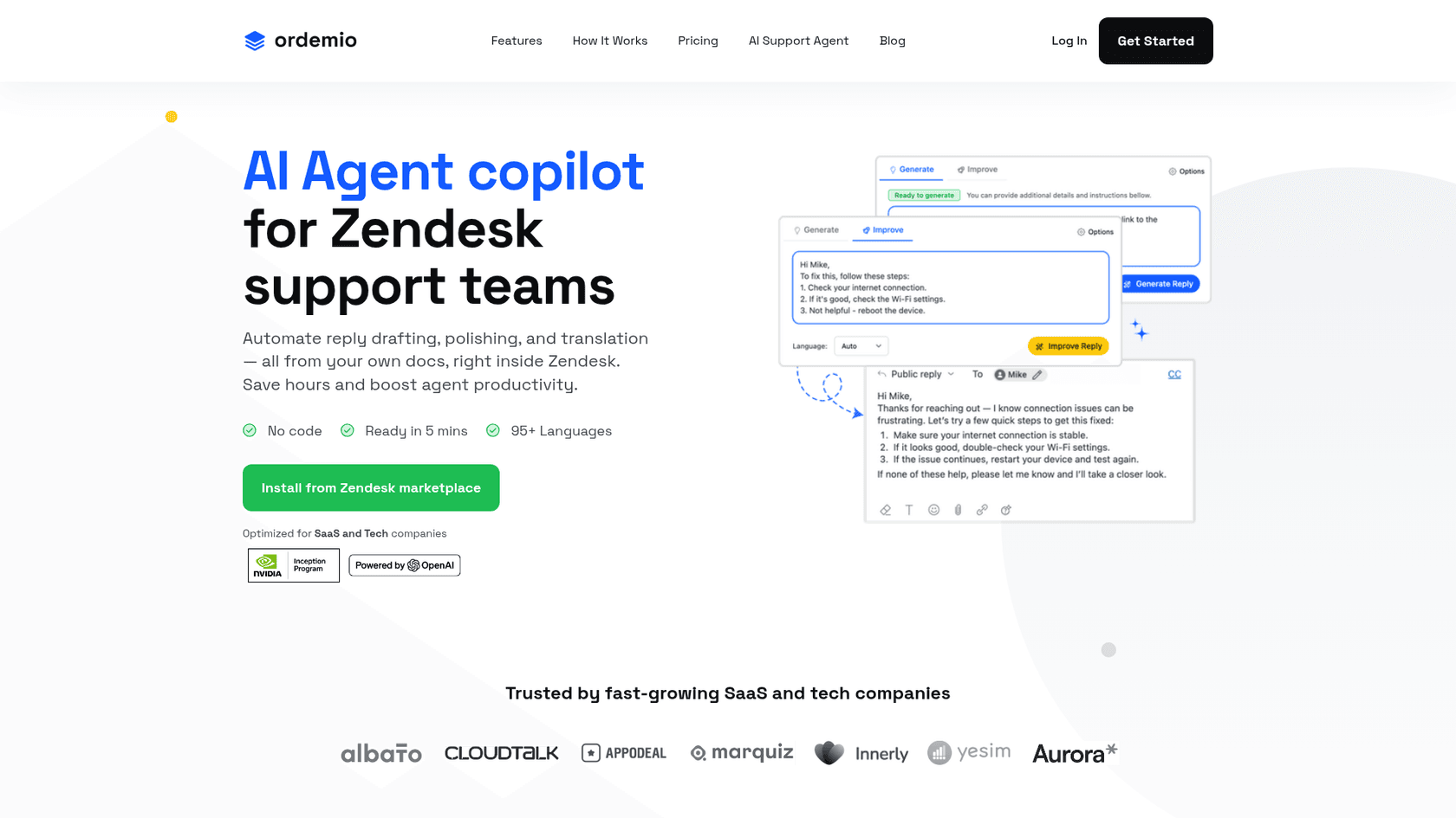 Ordemio's AI Agent copilot page showing the Generate and Improve tabs drafting a reply inside the Zendesk ticket composer, as taken from Ordemio's Zendesk copilot page