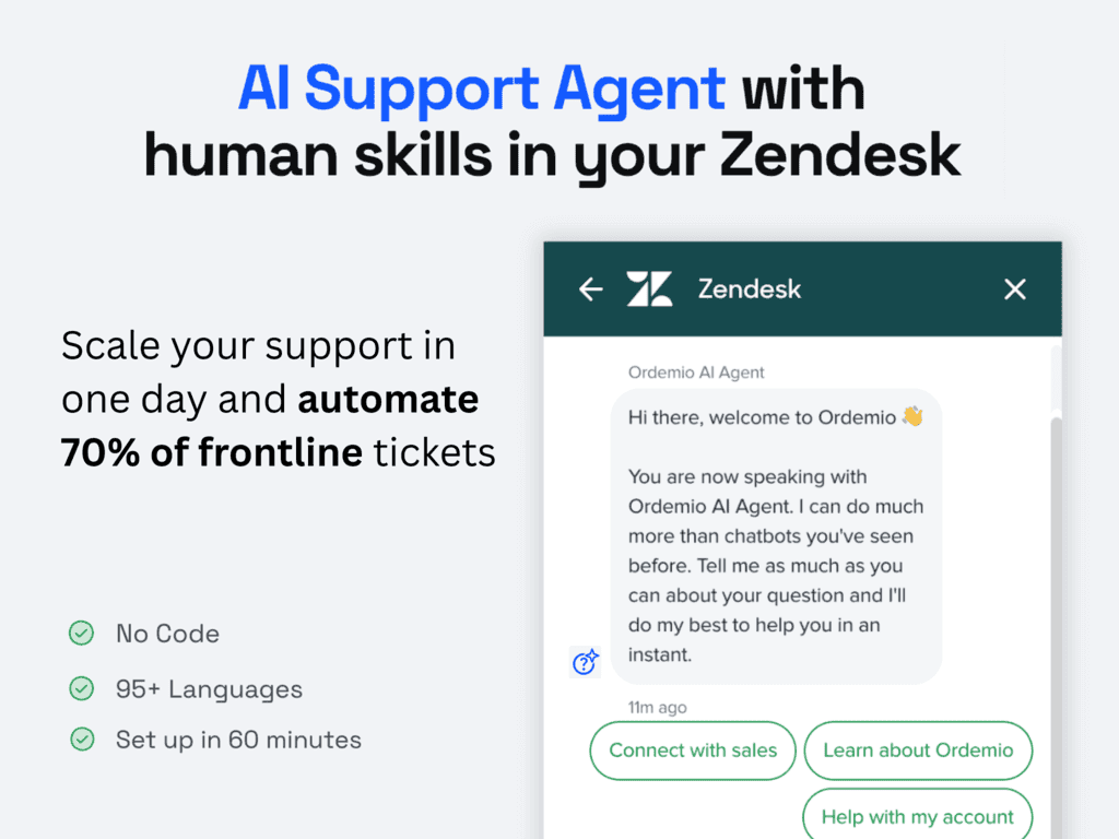 Ordemio AI Agent chat window inside Zendesk greeting a customer and offering buttons to connect with sales or get help with an account, as taken from the Ordemio AI Agent for Support Zendesk Marketplace listing