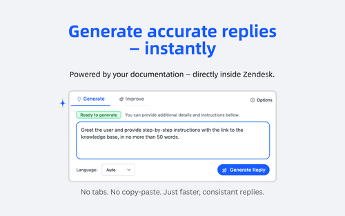 The Ordemio Generate tab in Zendesk with a Ready to generate badge, an instruction box asking for step-by-step instructions in under 50 words, Language set to Auto and a Generate Reply button, as taken from Ordemio's Zendesk listing