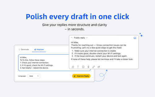 The Ordemio Improve tab turning a terse three-step troubleshooting draft into a friendly public reply in the Zendesk composer, as taken from Ordemio's Zendesk listing