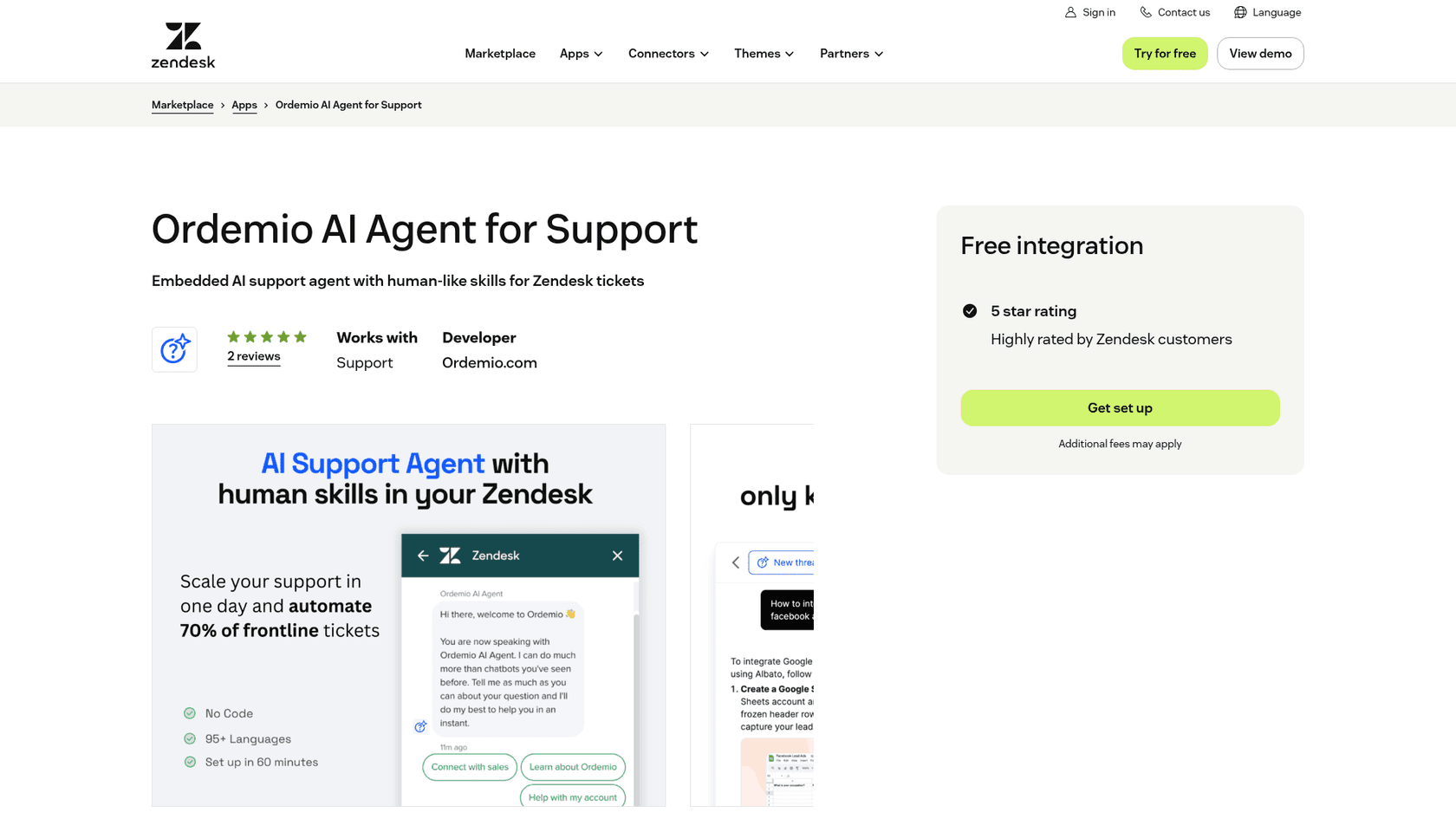 The Ordemio AI Agent for Support listing on the Zendesk Marketplace with a 5-star rating from 2 reviews, Free integration and a Get set up button, as taken from the Zendesk Marketplace