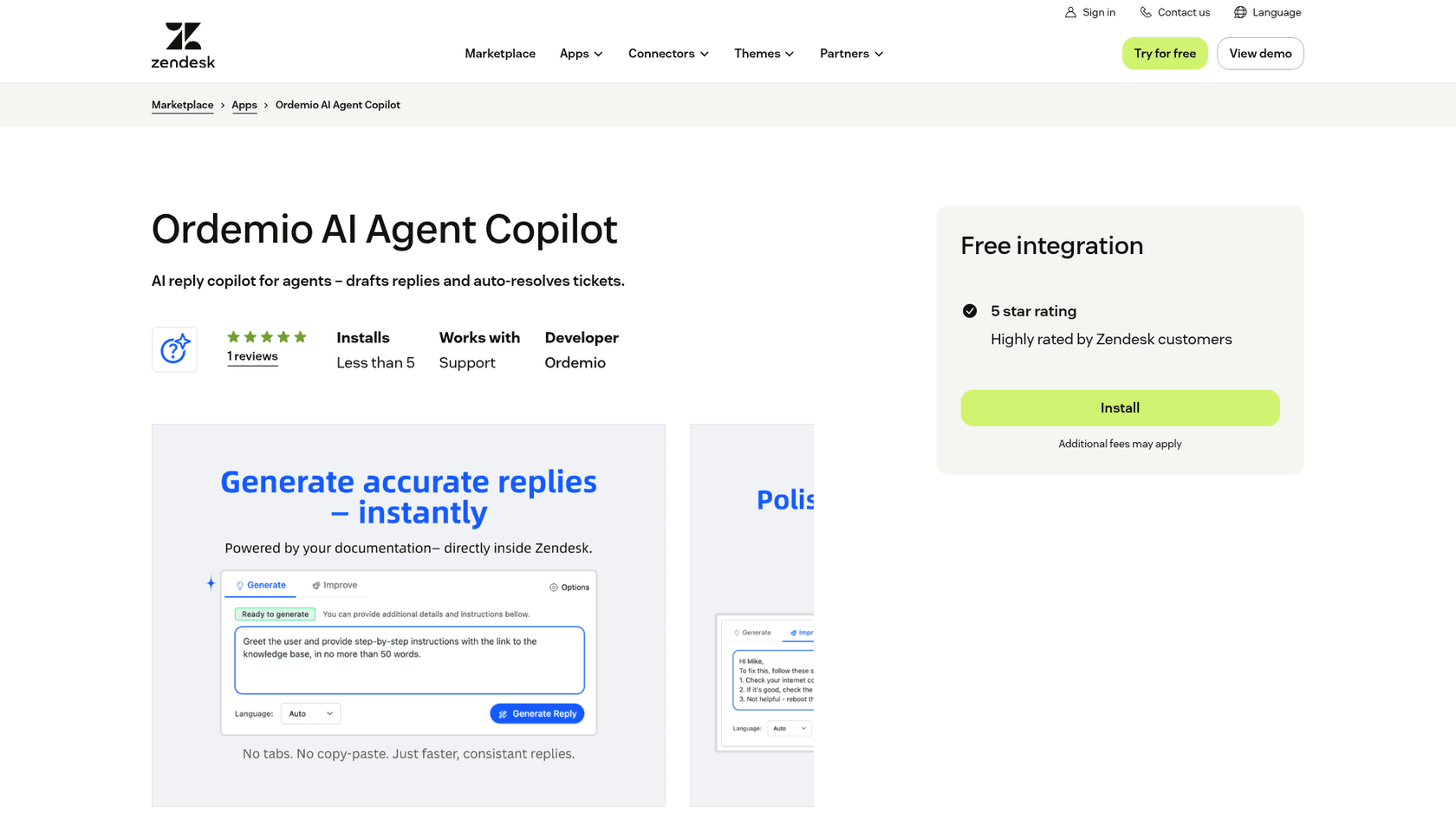 The Ordemio AI Agent Copilot listing on the Zendesk Marketplace showing a 5-star rating from 1 review, fewer than 5 installs, Free integration and the Generate accurate replies screenshot, as taken from the Zendesk Marketplace