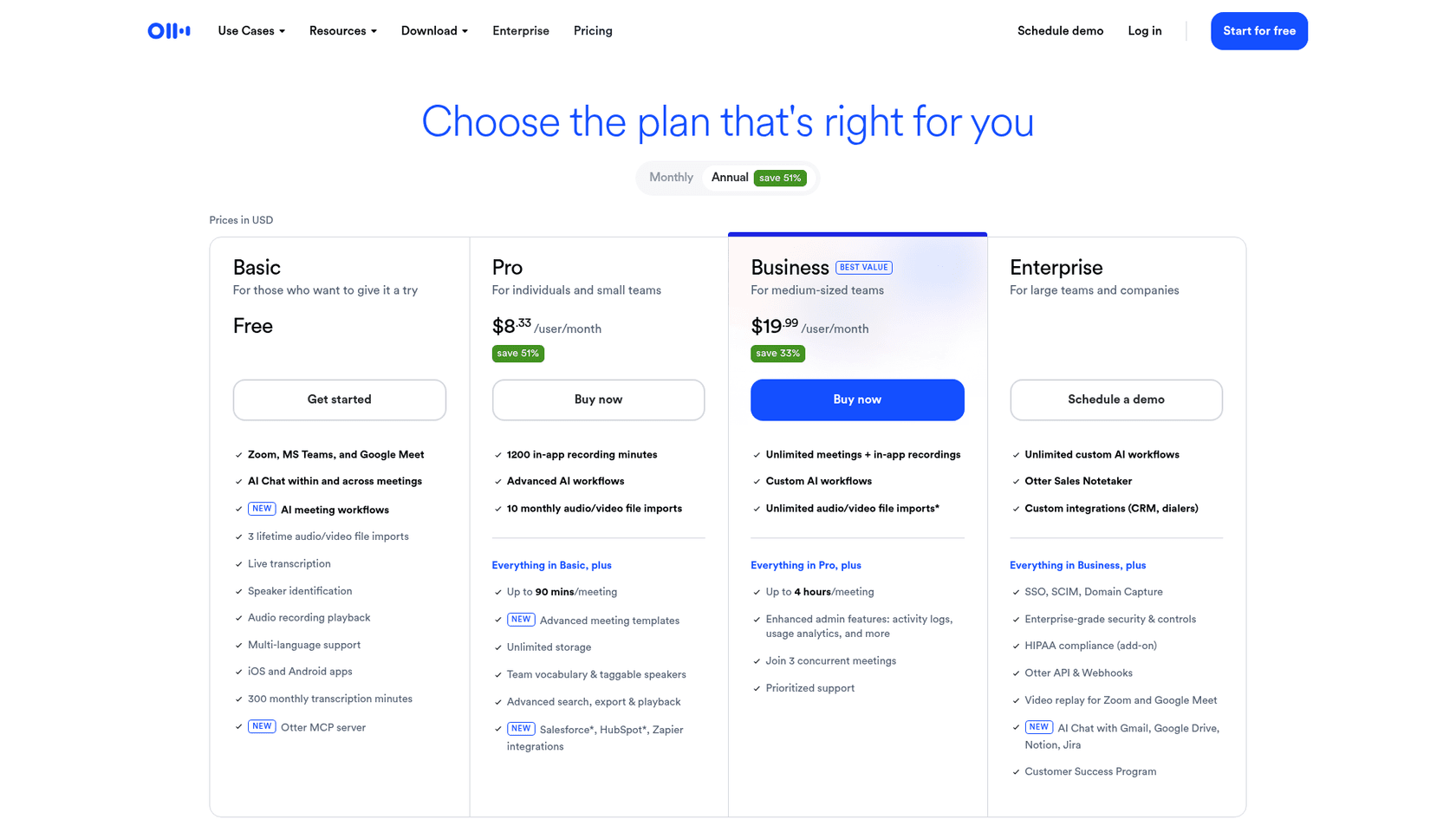 Otter.ai pricing page with Basic, Pro, Business and Enterprise plans, as taken from Otter.ai