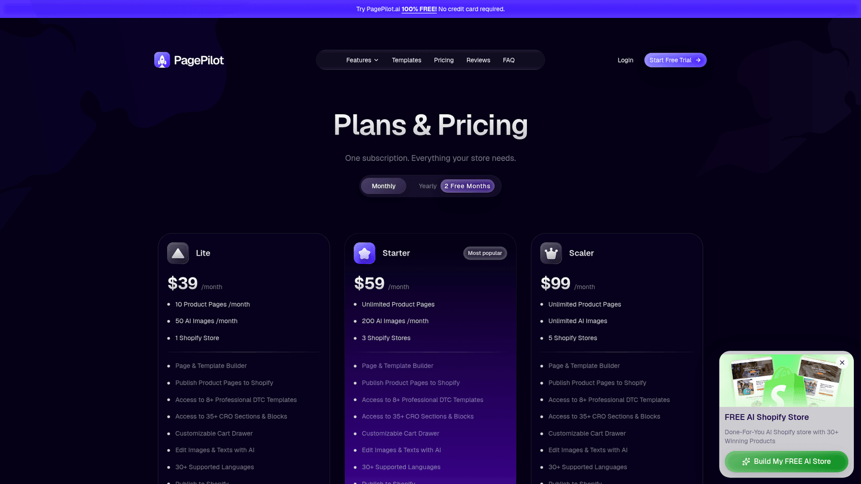 PagePilot plans and pricing for Lite, Starter and Scaler, as captured from PagePilot