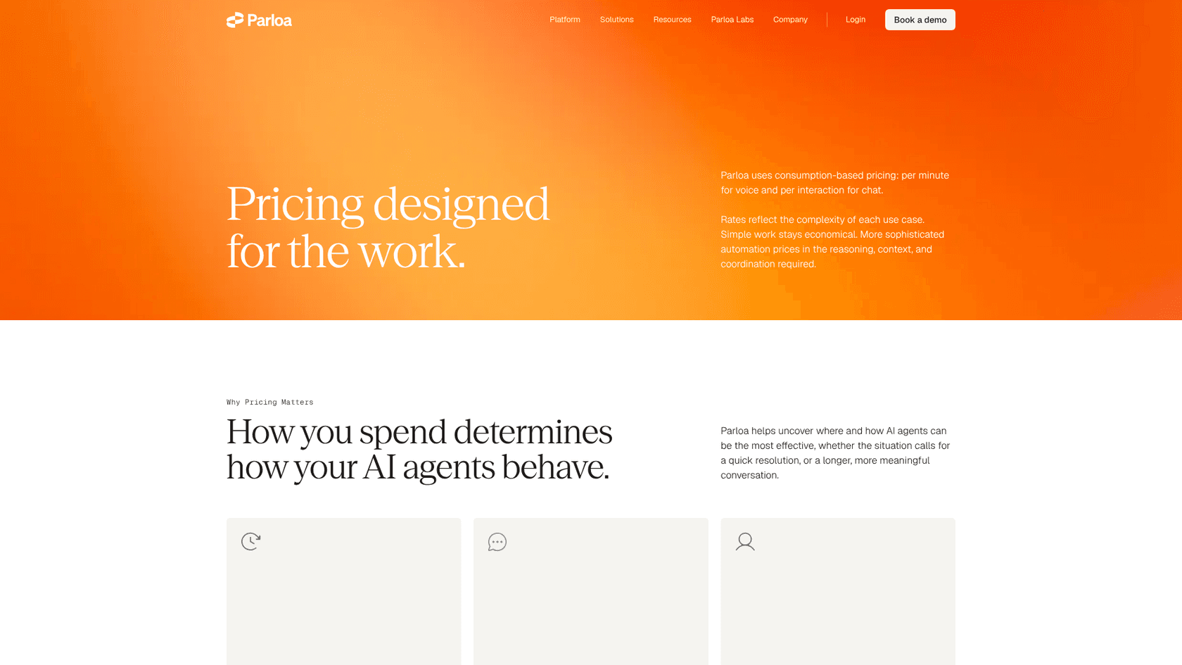 Parloa's pricing page describing consumption-based pricing, as taken from Parloa