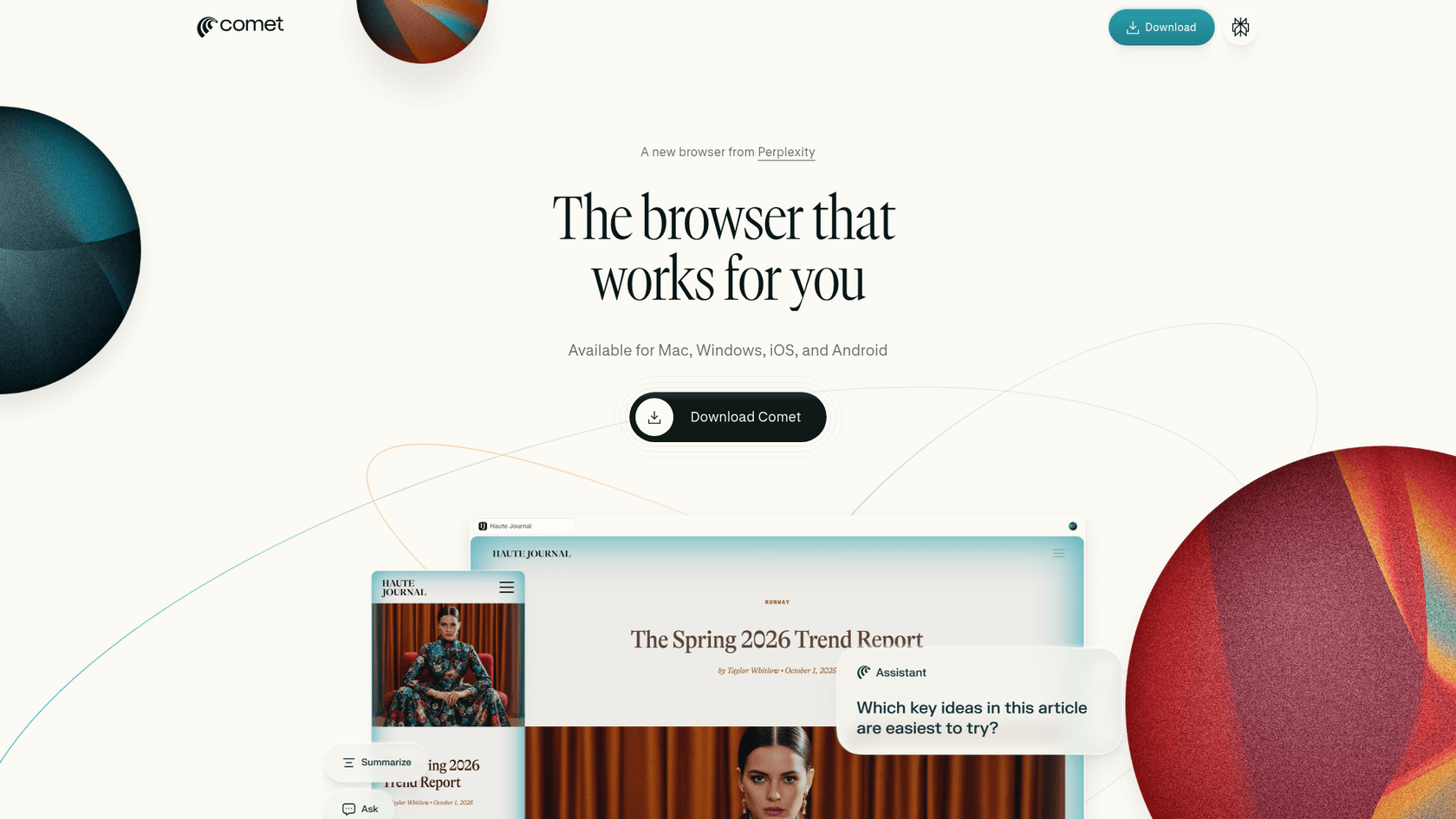 Perplexity Comet homepage listing Mac, Windows, iOS, and Android, as taken from Perplexity