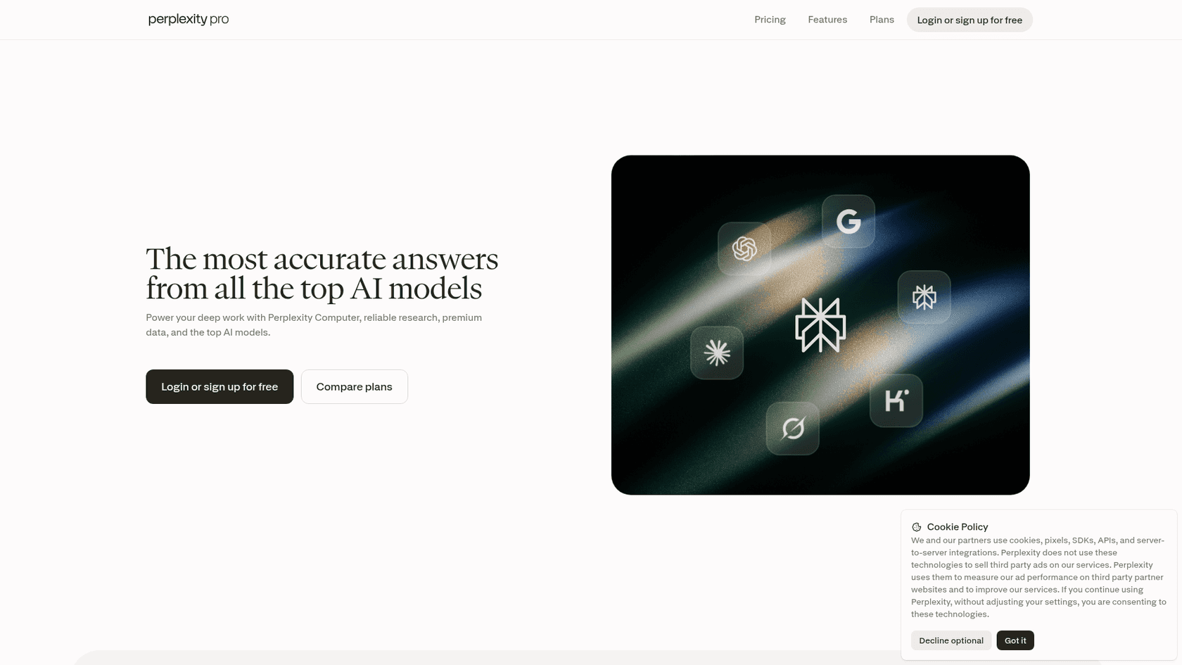 Perplexity Pro landing page showing the top AI models it offers, as taken from Perplexity Pro