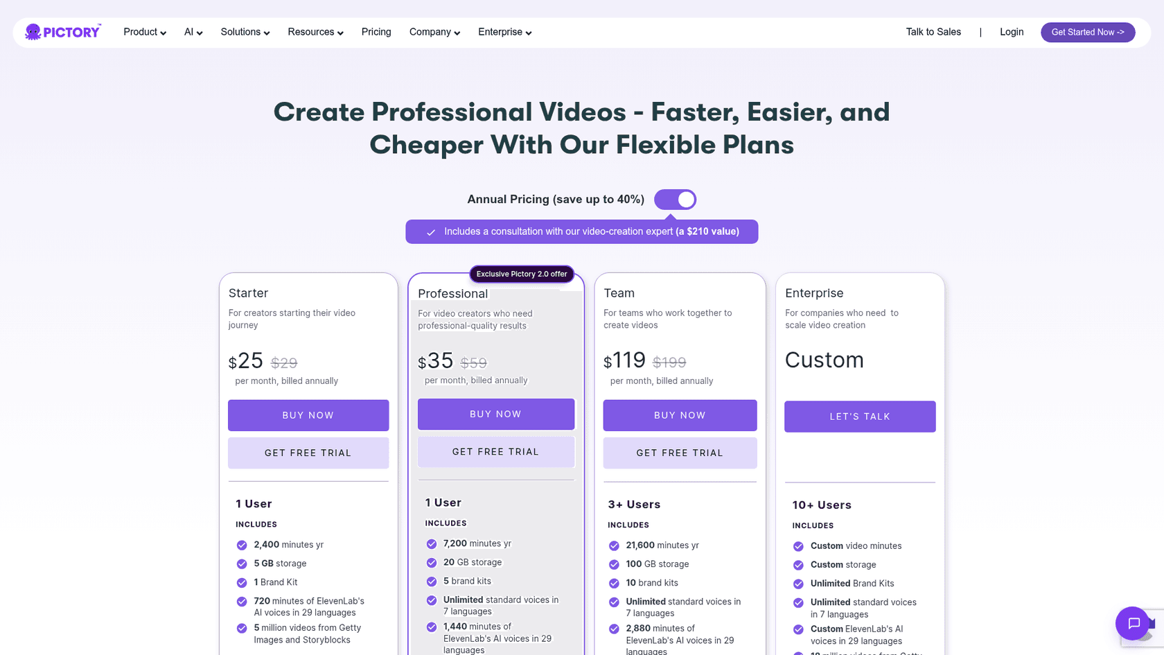 Pictory's pricing page with the Starter, Professional, Team, and Enterprise plans, as taken from Pictory