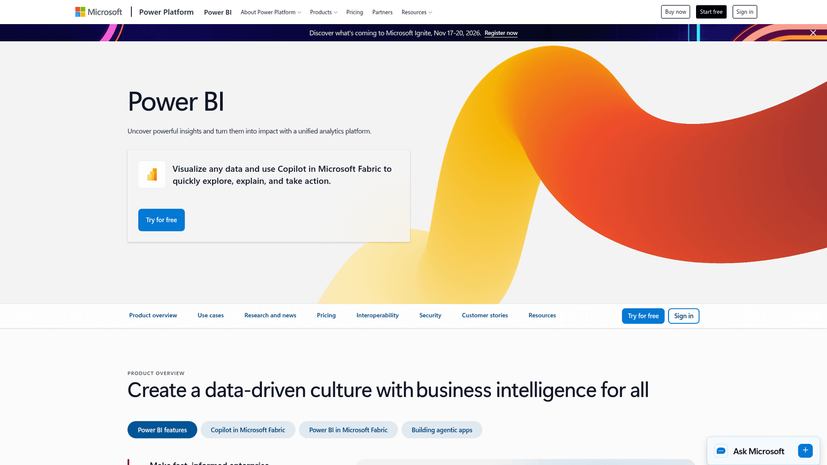 Power BI product page on Microsoft's site, as taken from Microsoft