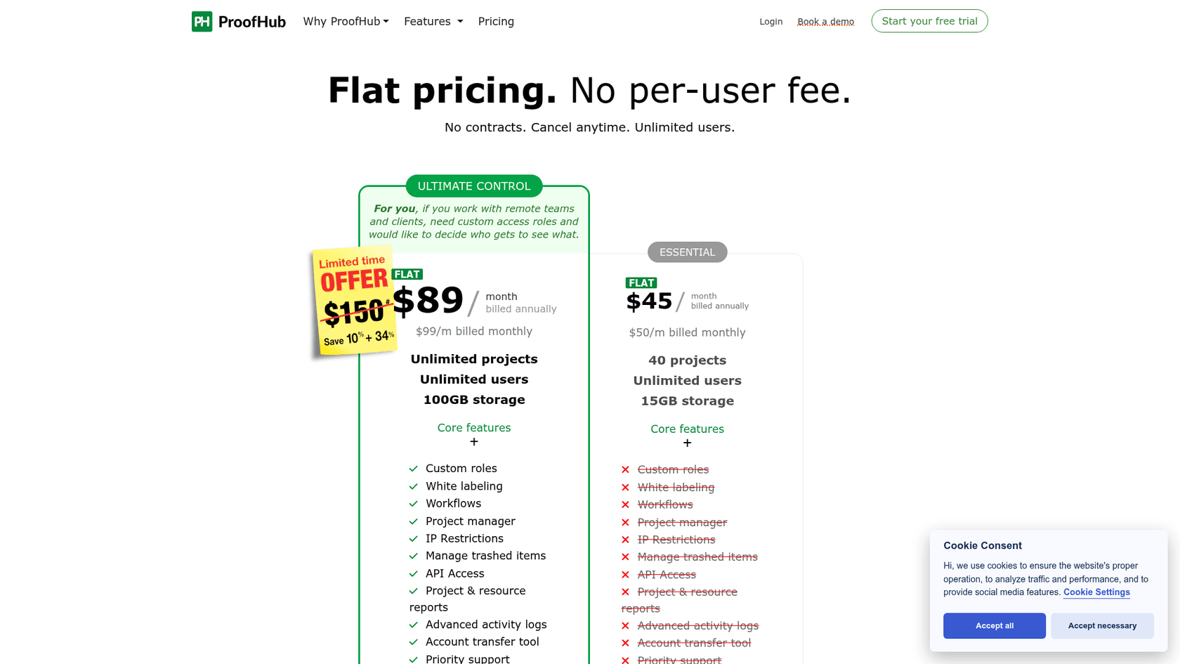ProofHub's flat-fee Essential and Ultimate Control plans, as taken from ProofHub