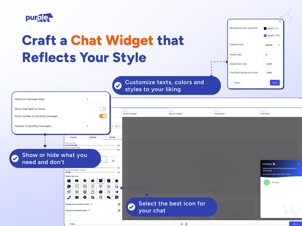 Vendor gallery image titled Craft a Chat Widget that Reflects Your Style, showing settings for welcome message delay, chat label on hover and pending message count, an icon picker and gradient colour settings, as taken from the Wix App Market listing
