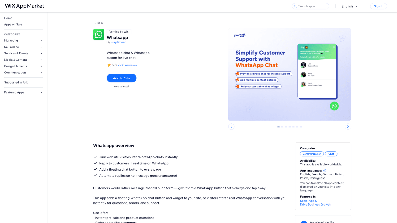 The Whatsapp app listing by PurpleBear on the Wix App Market, showing Verified by Wix, a 5.0 rating from 668 reviews, Free to install, and a gallery image of a chat widget with Joe, Kathy and Sarah as contacts, as taken from the Wix App Market