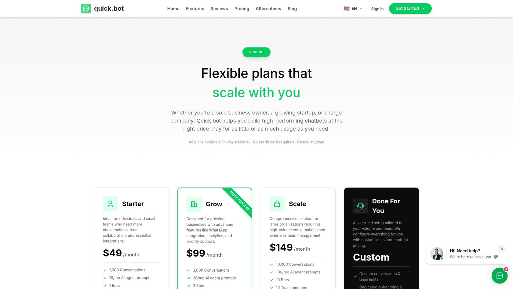 Quick.bot's pricing page headed Flexible plans that scale with you, with Starter at $49 a month, Grow at $99 marked most popular, Scale at $149 and a custom Done For You plan, as taken from Quick.bot