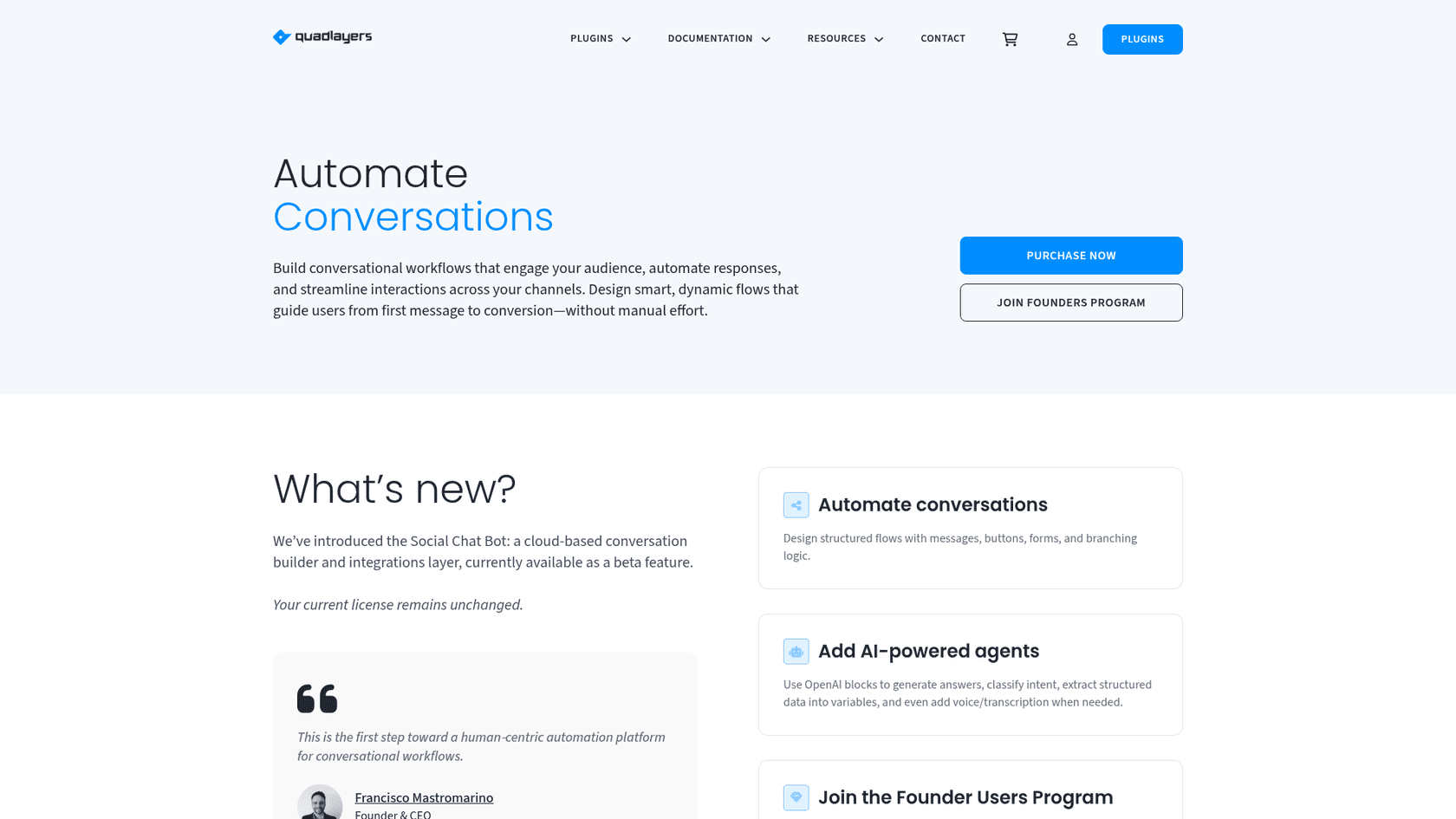 The QuadLayers bots page titled Automate Conversations, describing the Social Chat Bot as a cloud-based conversation builder in beta, with cards for automate conversations and add AI-powered agents, as taken from QuadLayers