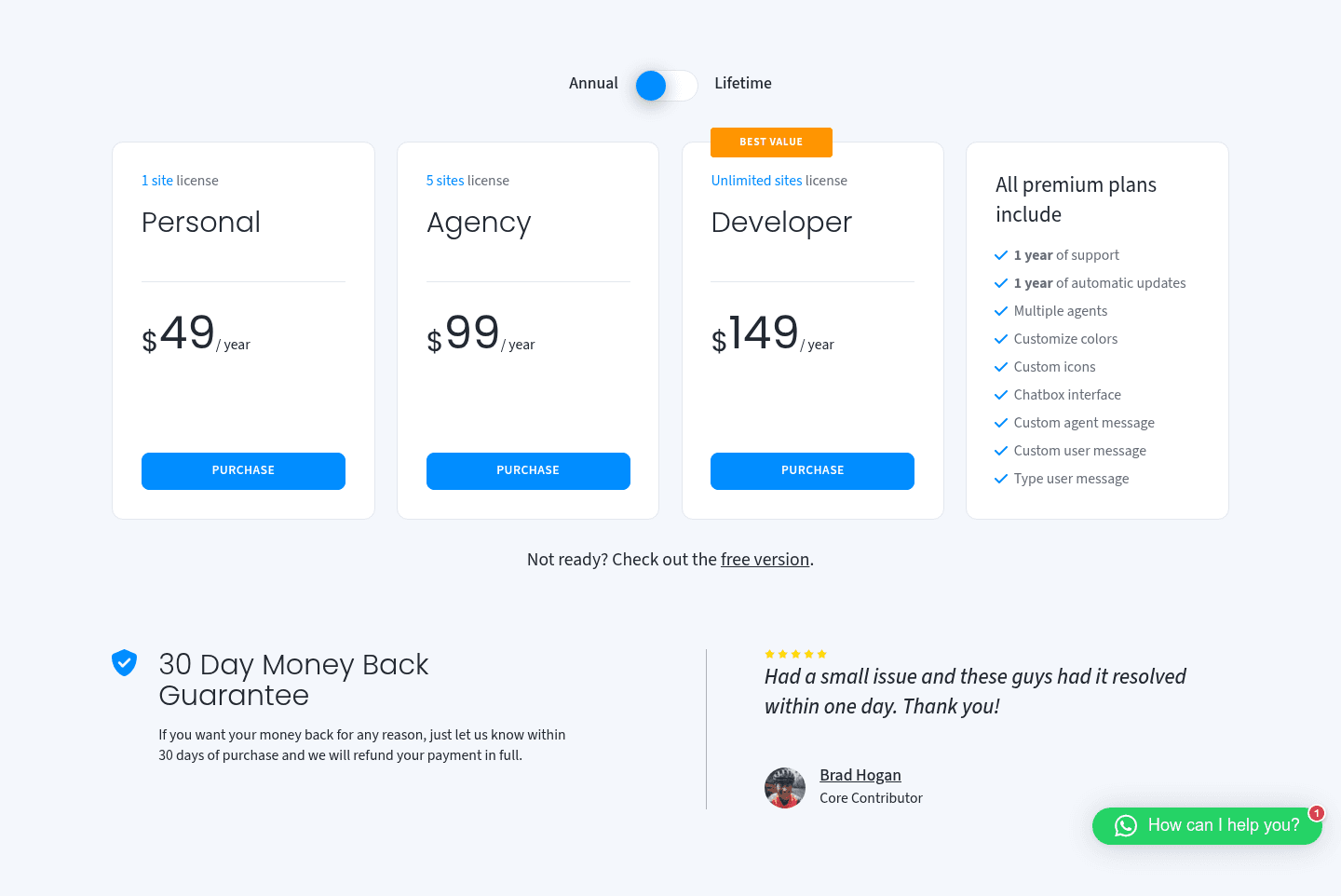 Social Chat PRO pricing on QuadLayers with Personal at $49 a year for 1 site, Agency at $99 for 5 sites, Developer at $149 for unlimited sites marked best value, and a 30-day money back guarantee, as taken from QuadLayers