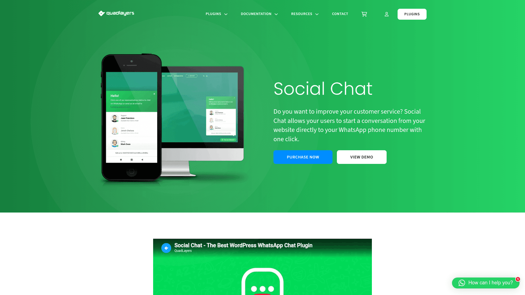 The Social Chat product page on QuadLayers with the headline Social Chat, a phone and desktop showing a WhatsApp contact list, and Purchase now and View demo buttons, as taken from QuadLayers