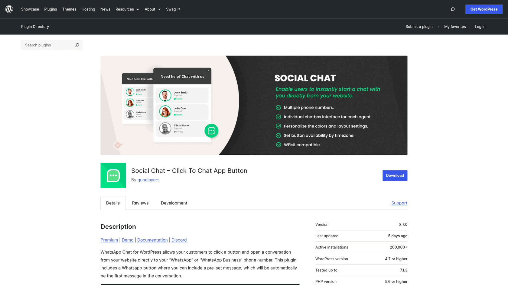 The Social Chat listing on WordPress.org showing version 8.7.0, last updated 5 days ago, 200,000+ active installations and a banner of an agent contact box, as taken from WordPress.org
